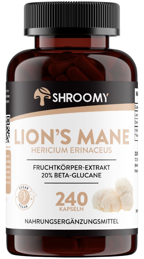 Braune Flasche mit schwarzen Deckel. Aufschrift: SHROOMY, LION'S MANE, 240 Kapseln, vegan. Enthält Fruchtkörper-Extrakt, 20% Beta-Glucane.