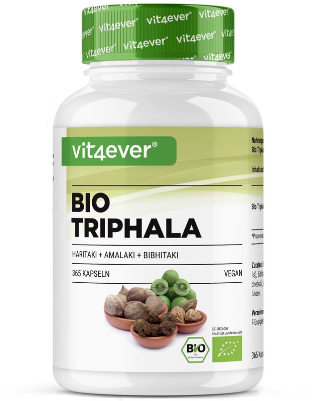 Weißes Pillenbehälter mit grünem Deckel. Aufschrift: vit4ever BIO TRIPHALA. 365 Kapseln.