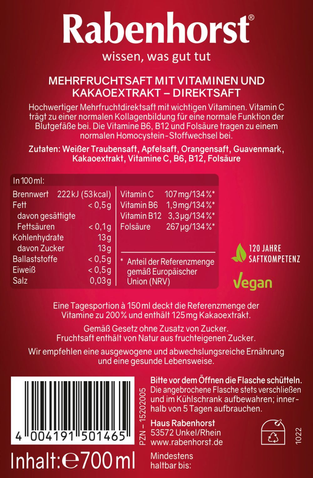 Rückseite der Flasche "Rabenhorst". Text mit Nährwertangaben, Inhaltsstoffe, und "Vegan"-Logo.