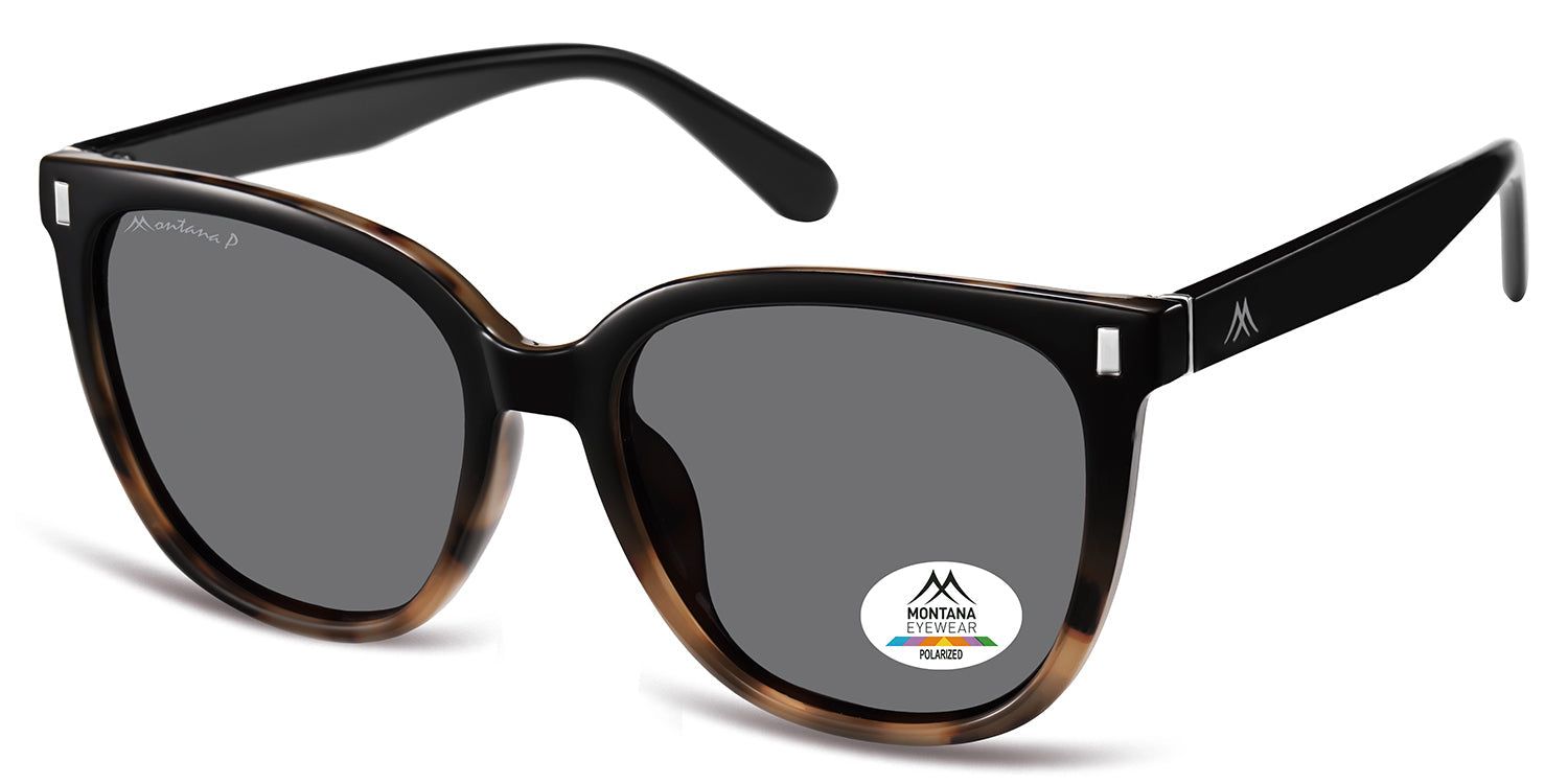 Sonnenbrille mit schwarzem Rahmen und braunen Akzenten. Graue Gläser. Montana Eyewear Logo und Polarized-Aufkleber.