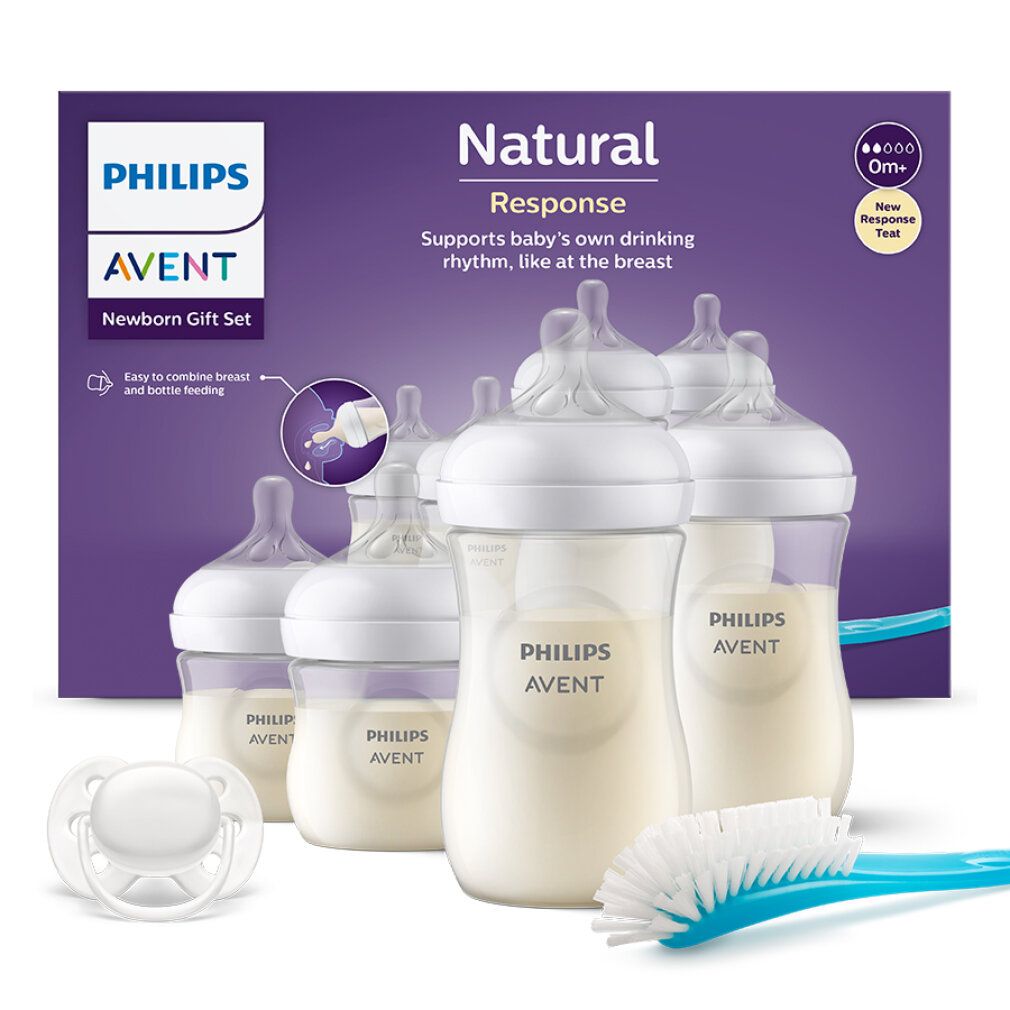 Geschenkset für Neugeborene. Enthält Flaschen, Schnuller und Bürste. Verpackung mit Philips Avent Logo.