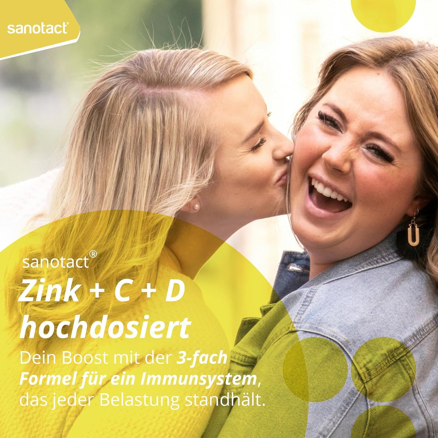 Zwei Frauen umarmen sich. Text: Zink + C + D hochdosiert. Dein Boost mit der 3-fach Formel für ein Immunsystem, das jeder Belastung standhält.