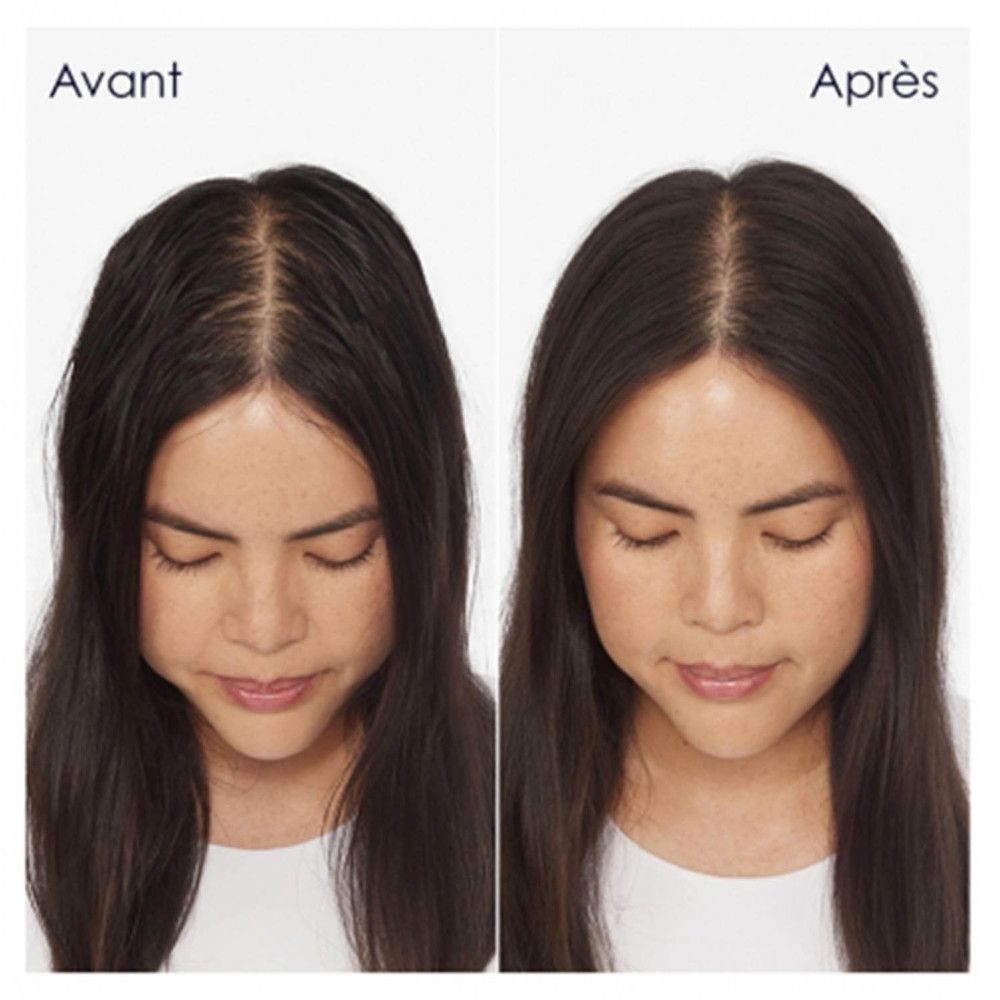 Vorher-Nachher-Vergleich. Frau mit dunklem Haar. Haare vor und nach der Anwendung.