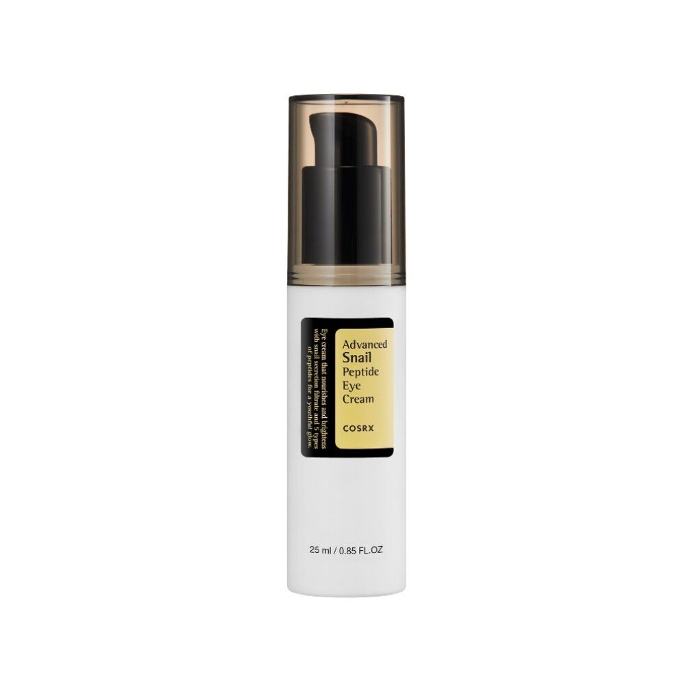 COSRX Advanced Snail Peptide Eye Cream Spenderflasche mit schwarzem Pumpspender und klarem Deckel.