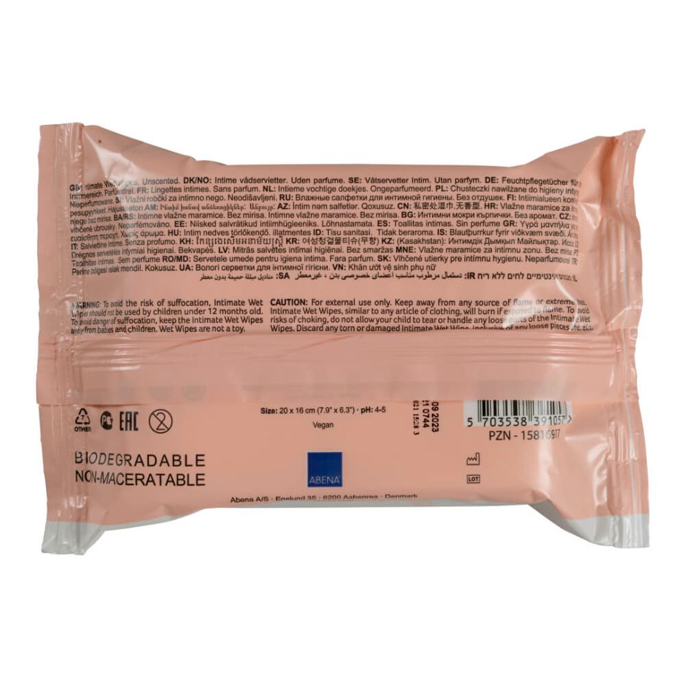 Rückseite der Feuchttücher-Verpackung. "Abena"-Logo. Text in mehreren Sprachen. Zertifizierungen: biologisch abbaubar, nicht macerierbar, vegan.