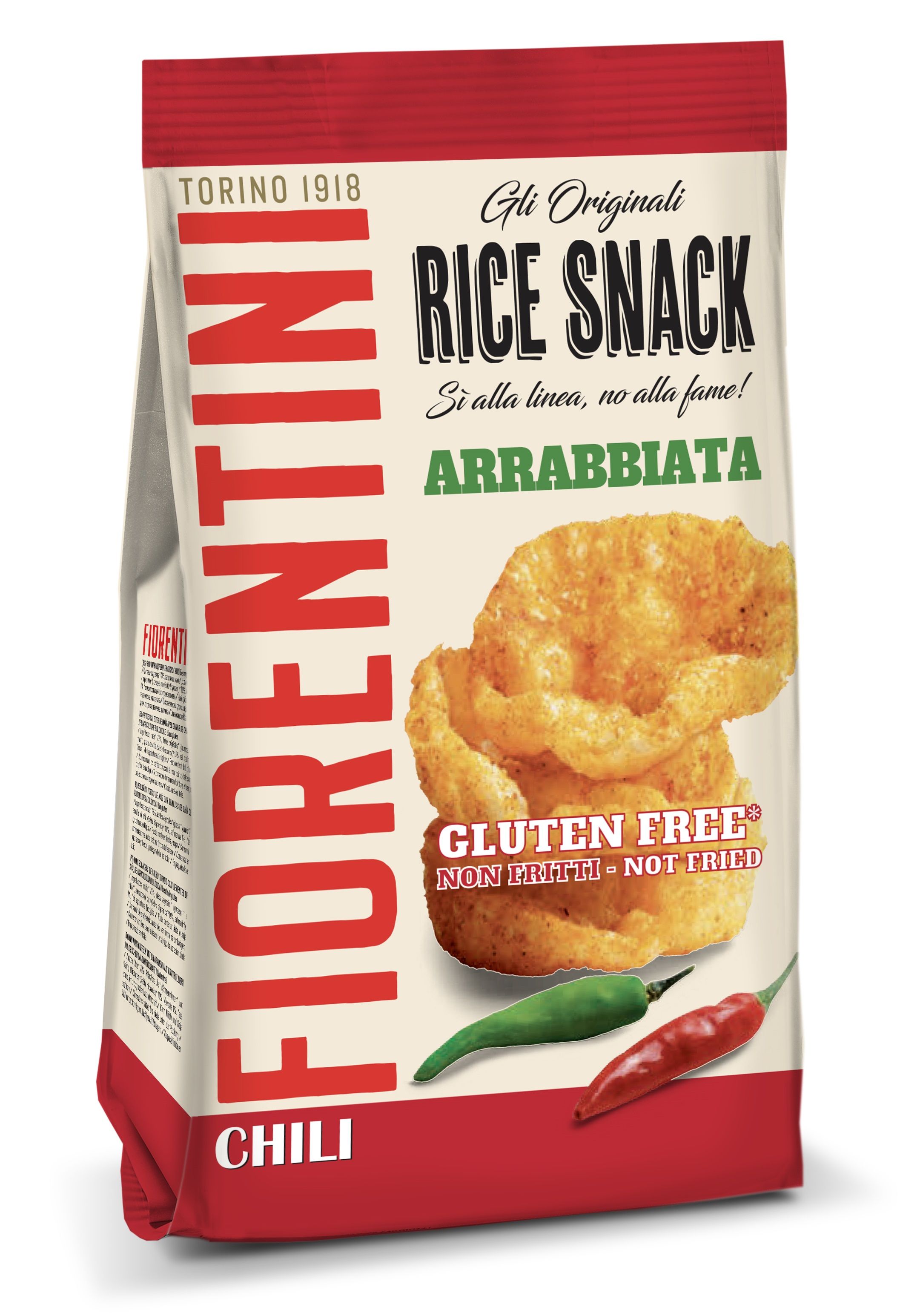 Confezione di snack di riso Fiorentini, gusto Arrabbiata.  È indicato "Senza glutine" e "Non fritto". Sono raffigurati anche dei peperoncini.