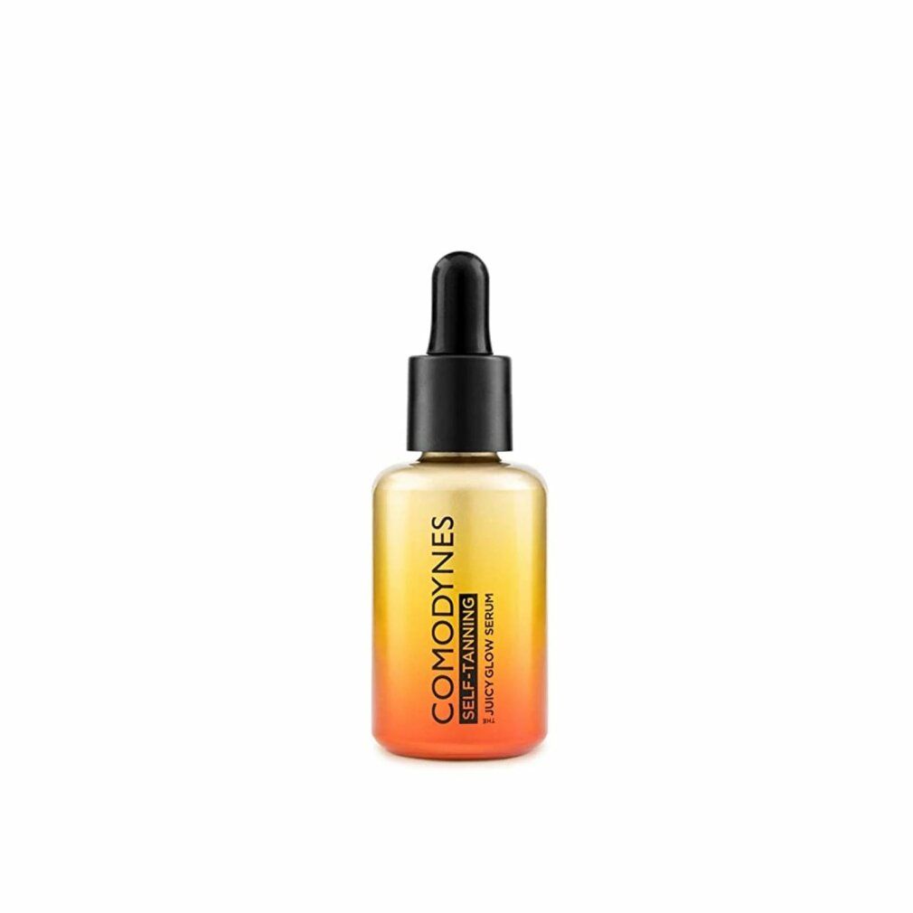 Flasche mit Selbstbräunungsserum. Farbverlauf von Orange nach Gelb. Schwarze Pipette. Aufschrift: COMODYNES, SELF-TANNING, JUICY GLOW SERUM.