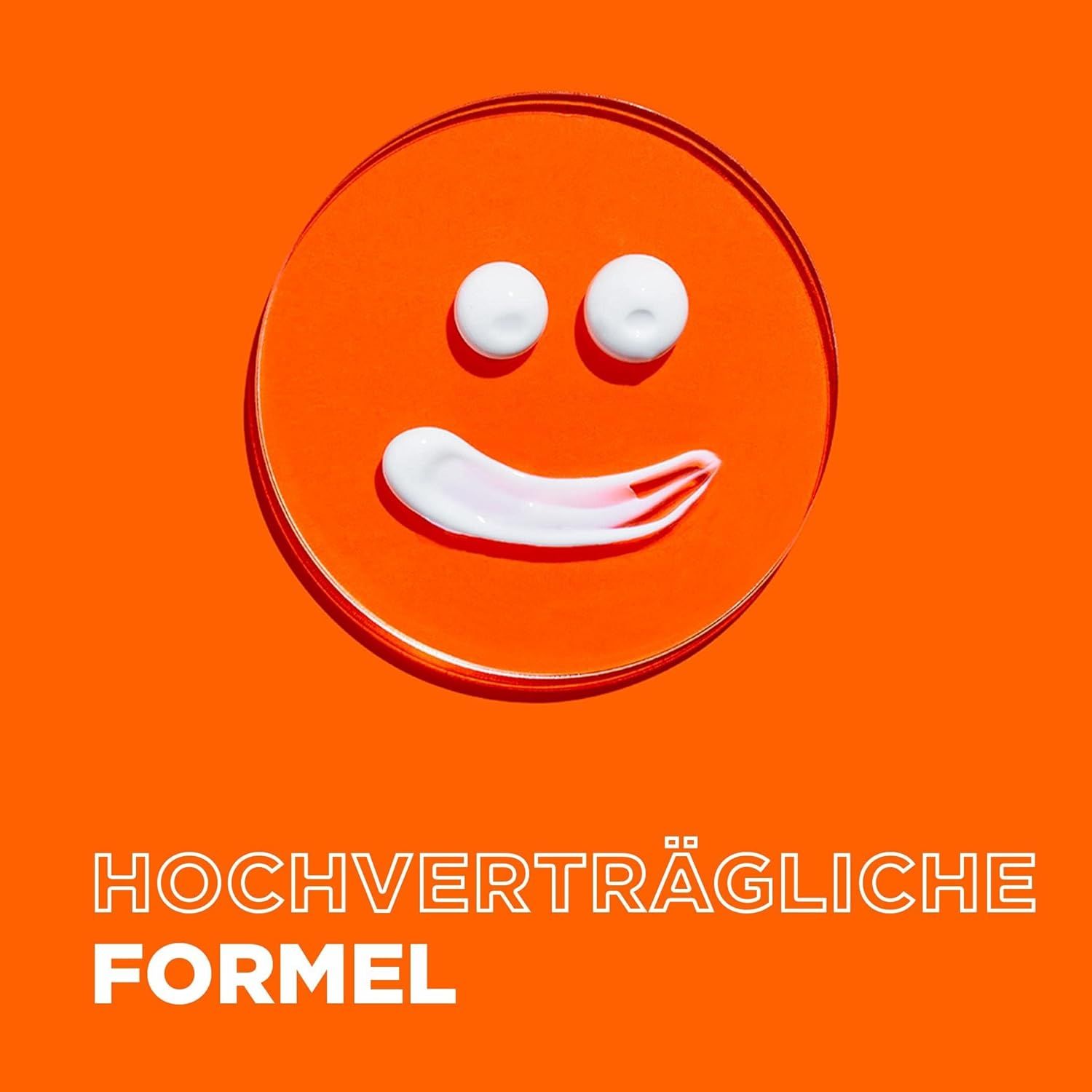 Orangefarbener Hintergrund mit Creme-Smiley. Text: Hochverträgliche Formel.