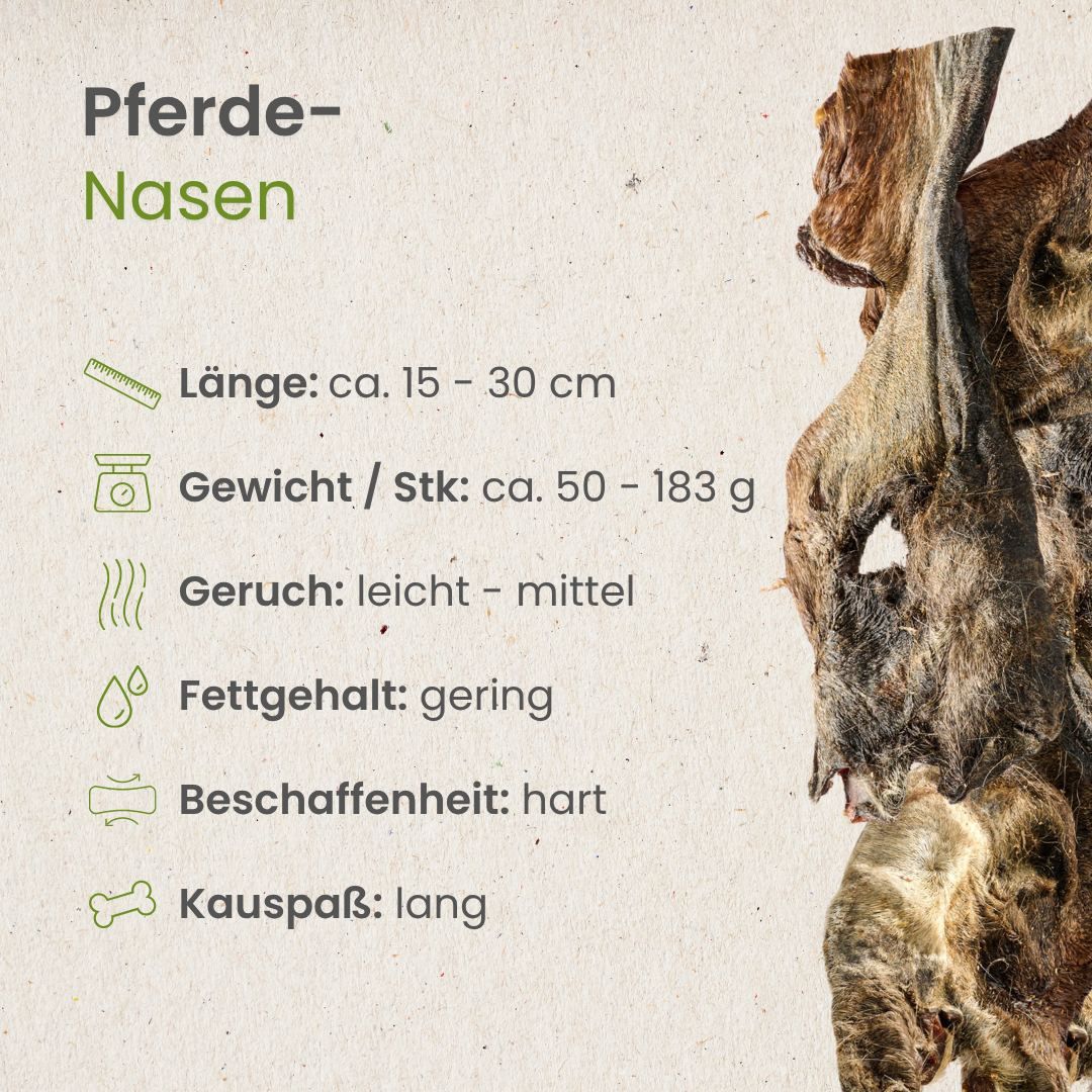 Getrocknete Pferde-Nasen für Hunde, 15-30 cm lang.