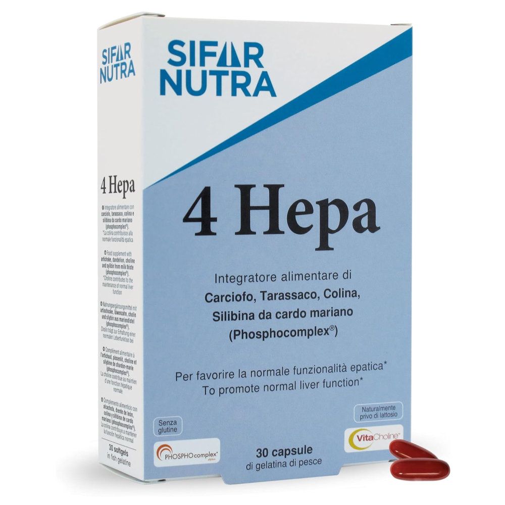 Schachtel mit Sifar Nutra 4 Hepa. Aufschrift: 4 Hepa, 30 Kapseln. Daneben liegen drei Kapseln.