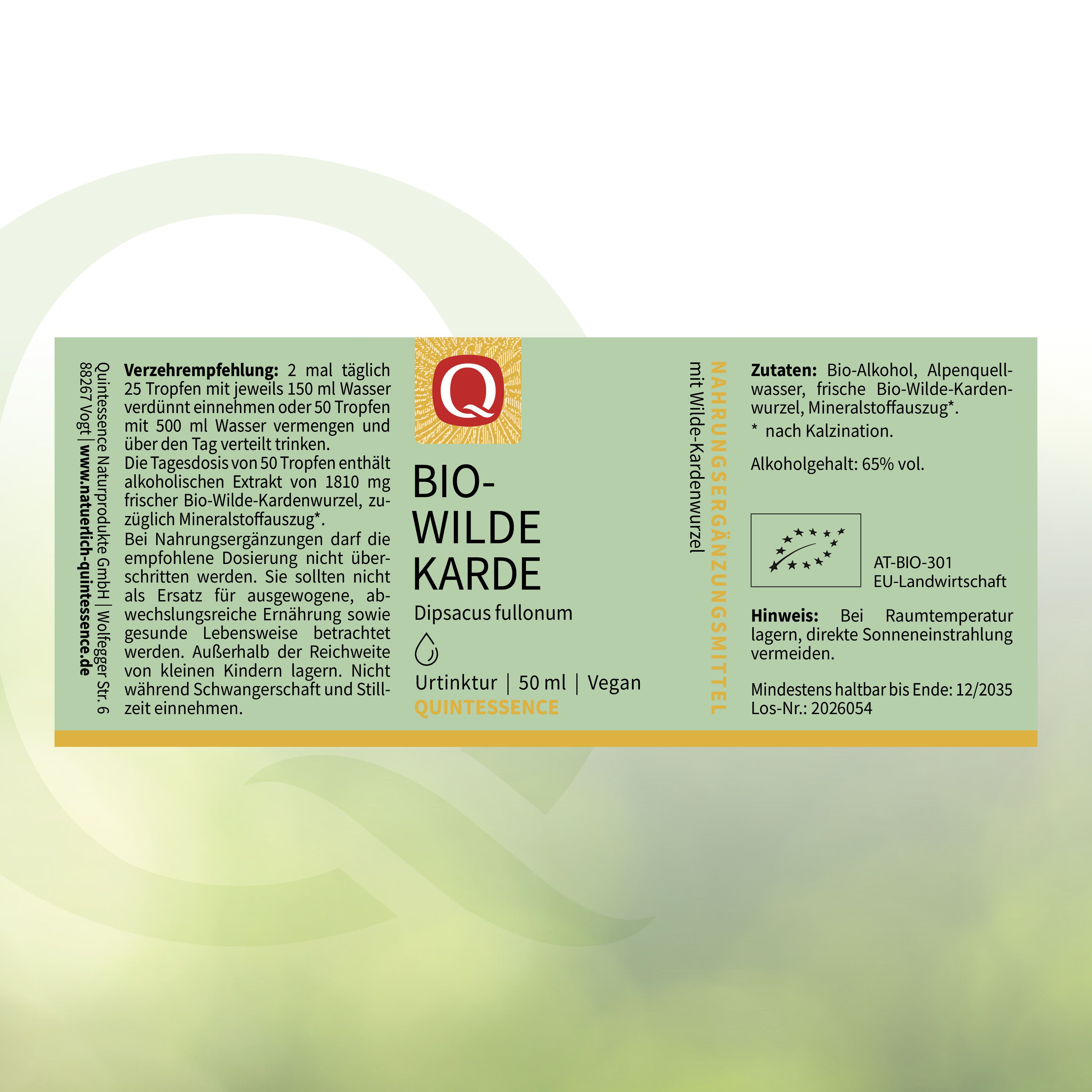 Rückseite Quintessence Bio-Wilde Karde Tinktur. Enthält Verzehrempfehlung, Zutaten, Alkoholgehalt und Haltbarkeitsdatum.