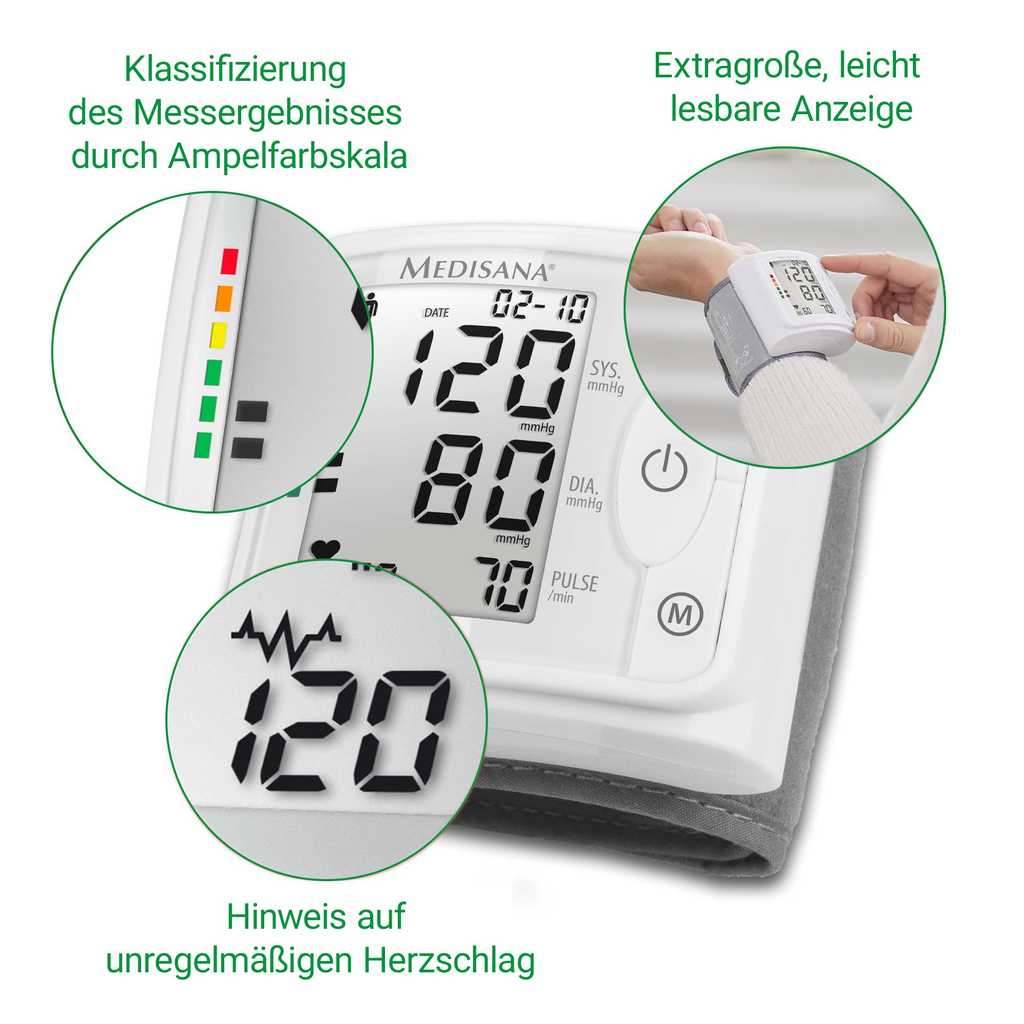 Medisana BW 320: Anzeige mit Ampelskala, unregelmäßiger Herzschlag, extra große Anzeige.