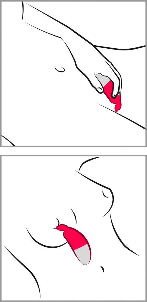 Zwei schematische Darstellungen. Eine zeigt die Anwendung des Vibrators im Intimbereich, die andere am Mund.