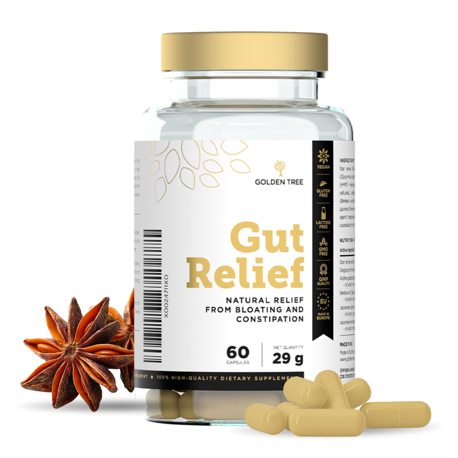 Flasche Golden Tree Gut Relief Kapseln, 60 Stück, 29g. Mit Sternanis und Blättern.