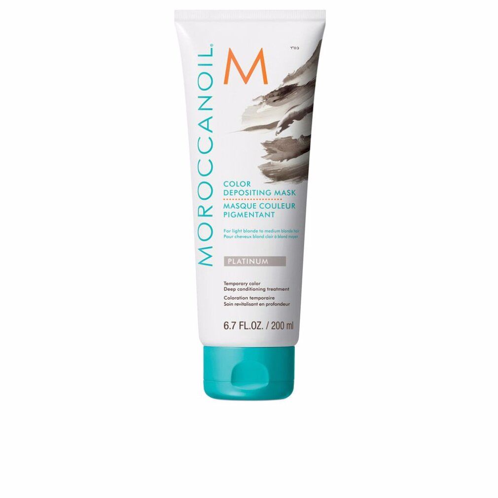 Weisse Tube mit türkisfarbenem Deckel. Aufschrift: Moroccanoil, Color Depositing Mask, Platinum. 6.7 FL.OZ./200 ml.