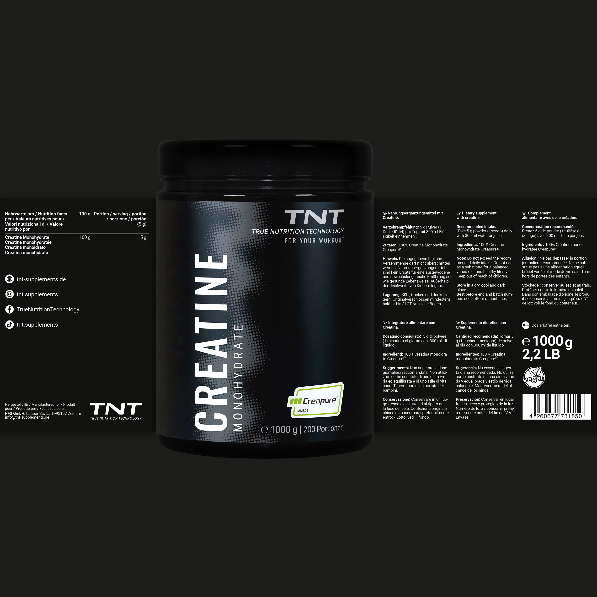 Schwarze Dose TNT Creatine Monohydrate. Aufschrift: Creatine Monohydrate. Mit Creapure-Logo. 1000g, 2,2 LB.