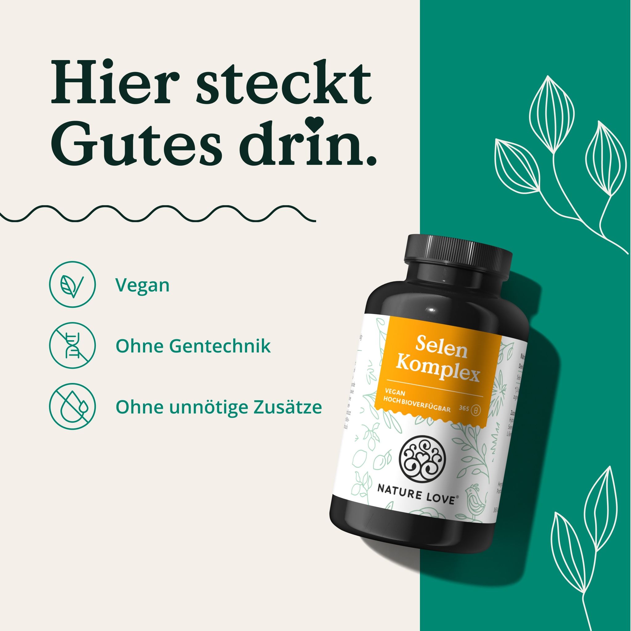Schwarze Flasche mit gelbem Etikett. Aufschrift: Selen Komplex, Vegan, Ohne Gentechnik, Ohne unnötige Zusätze. Logo: NATURE LOVE®.