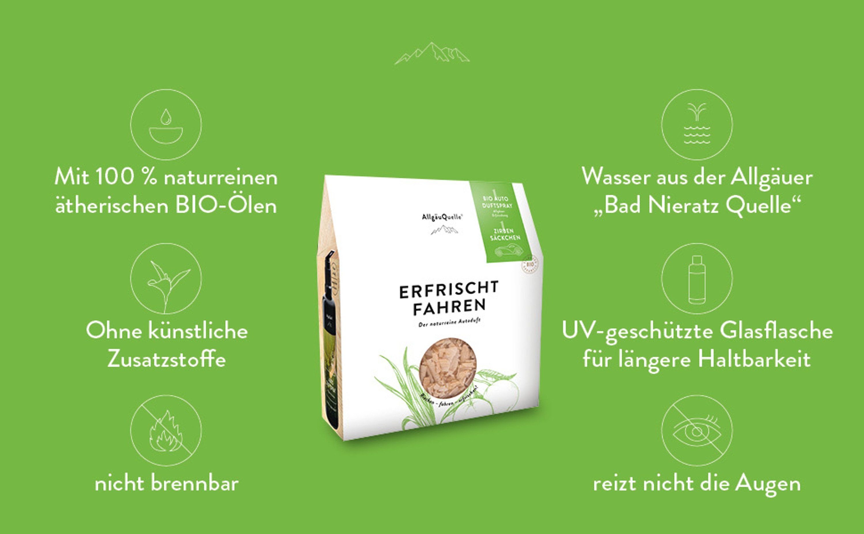 Produkt mit grünen Icons. Text: 100% naturreine Bio-Öle, ohne künstliche Zusätze, nicht brennbar, Wasser aus Bad Nieratz Quelle, UV-Schutz, reizt nicht die Augen.