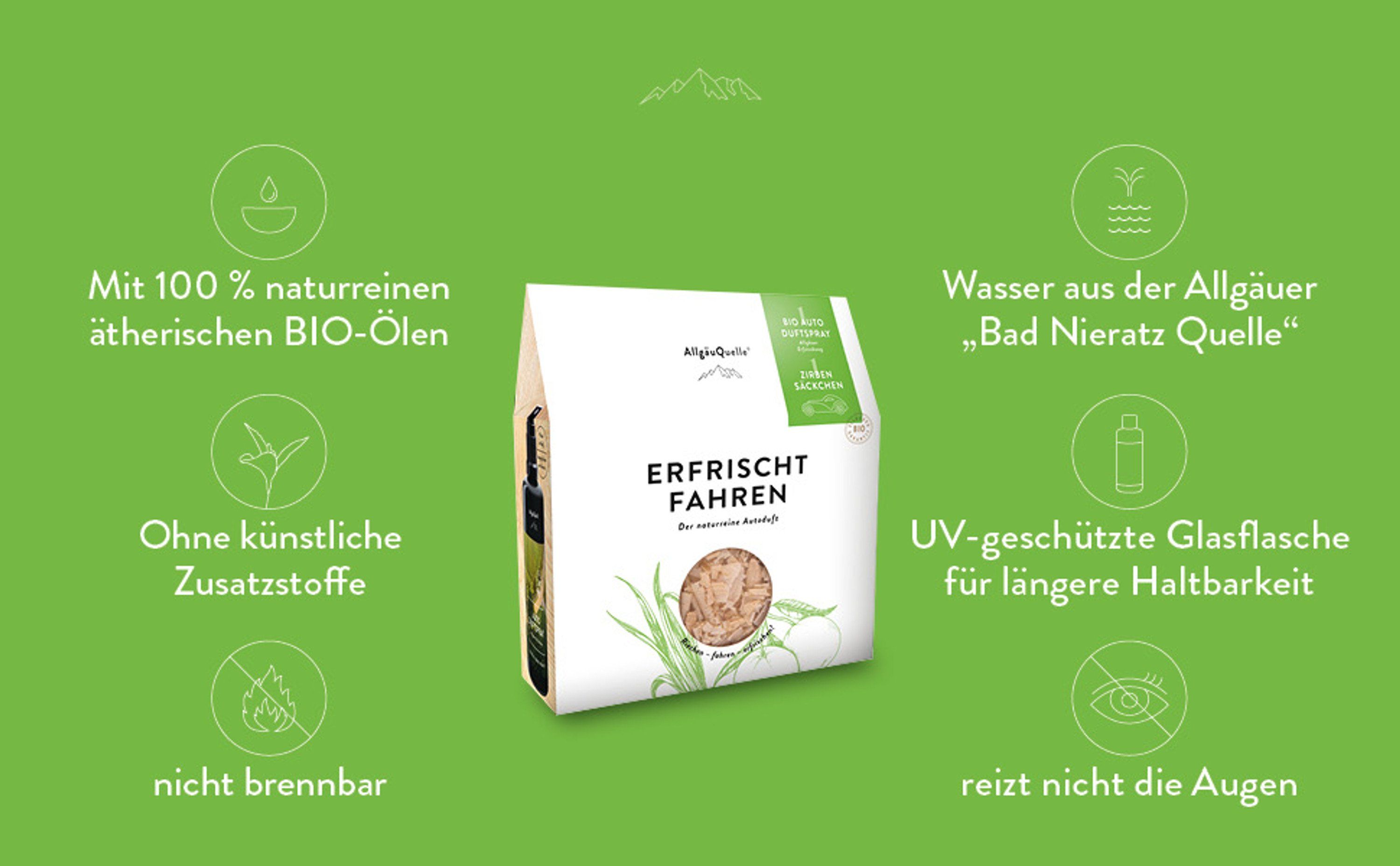 AllgäuQuelle Bio Autoduft-Set Lufterfrischer Lemongrass mit Zirben-Säckchen als natürlichem Duftbaum