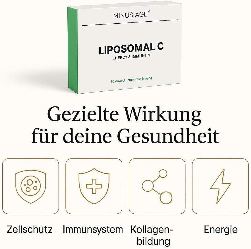 Weiße Produktverpackung mit grüner Seitenfläche. Aufschrift: Minus Age Liposomal C, Energy & Immunity. Text: Gezielte Wirkung für deine Gesundheit.