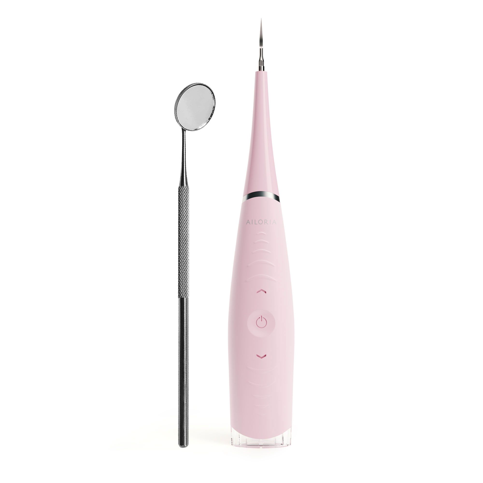Rosa Schall-Zahnreiniger mit Dentalspiegel. Der Reiniger hat eine Spitze und Knöpfe. Der Spiegel hat einen Griff.