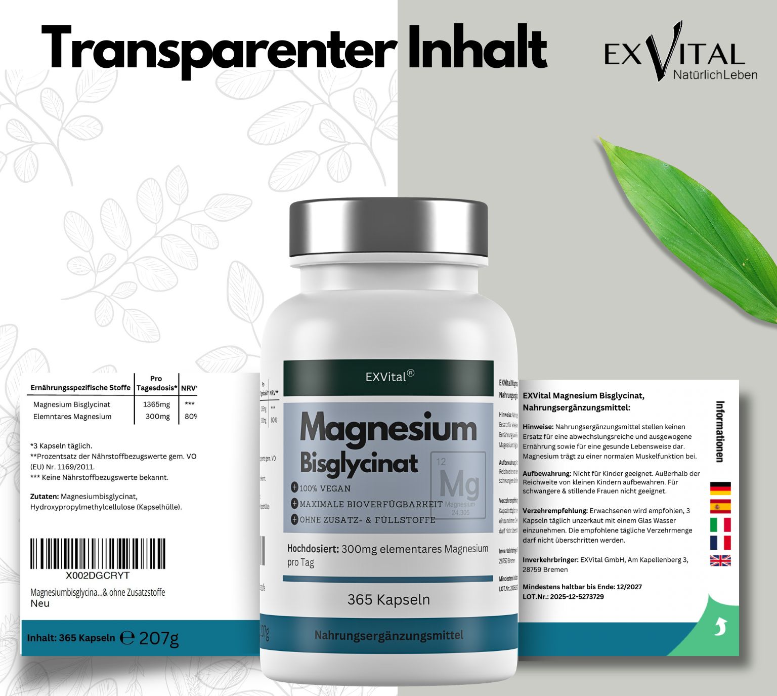 Dose EXVital Magnesium Bisglycinat, 365 Kapseln, mit Text über Vorteile.
