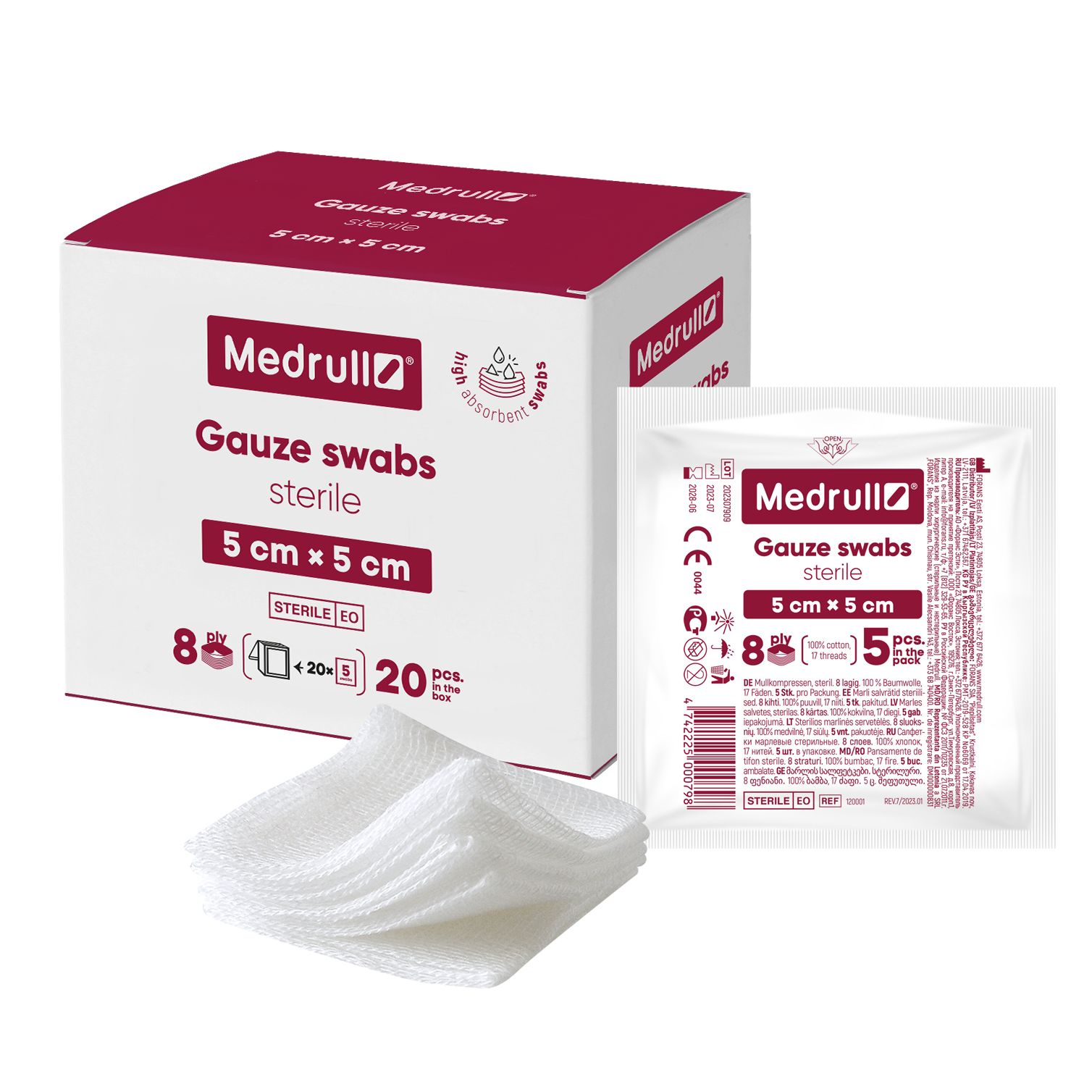 Packung mit 20 sterilen Mullkompressen 5x5 cm, 8-lagig.