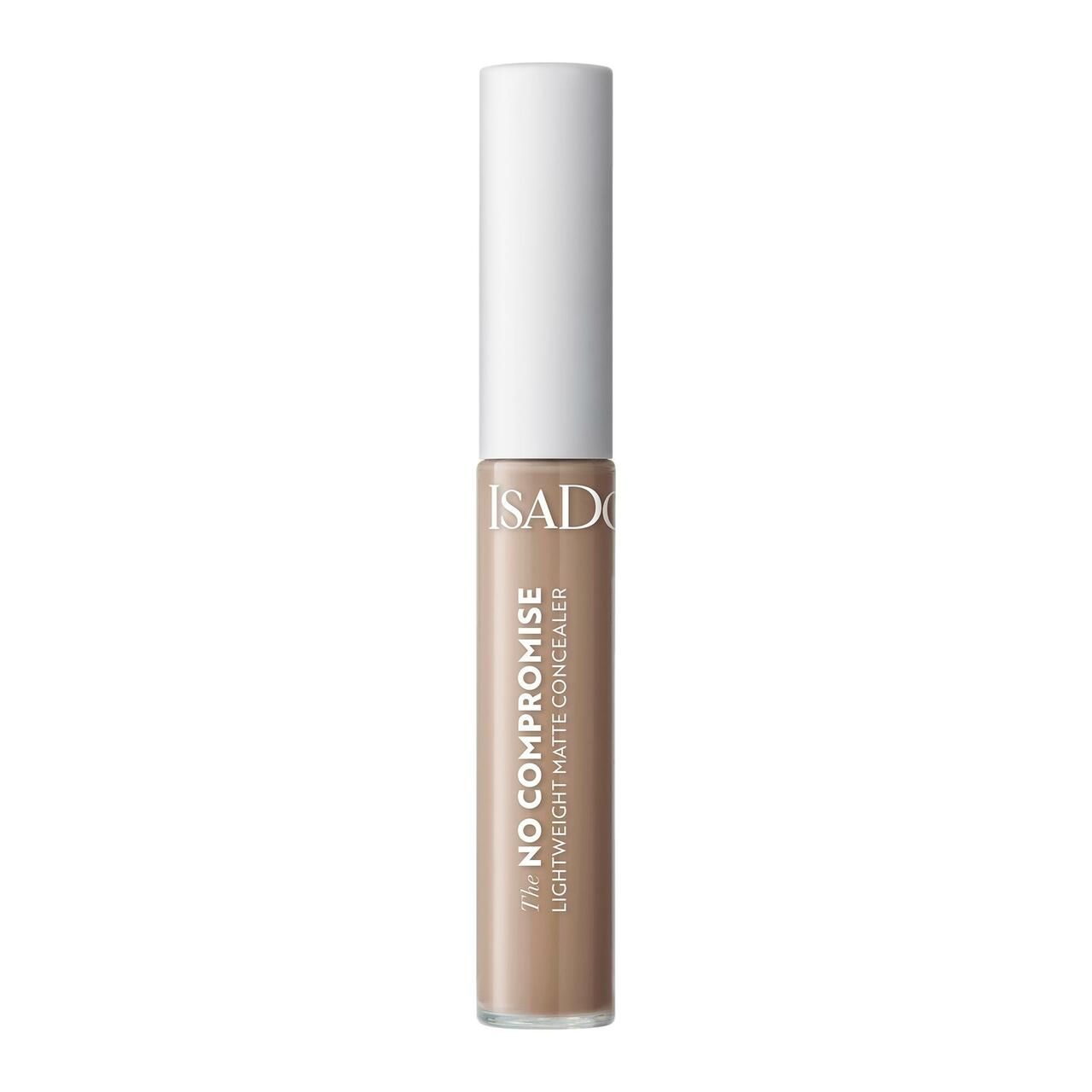 Concealer-Tube mit weißem Deckel. Aufschrift: IsaDora, The No Compromise, Lightweight Matte Concealer.