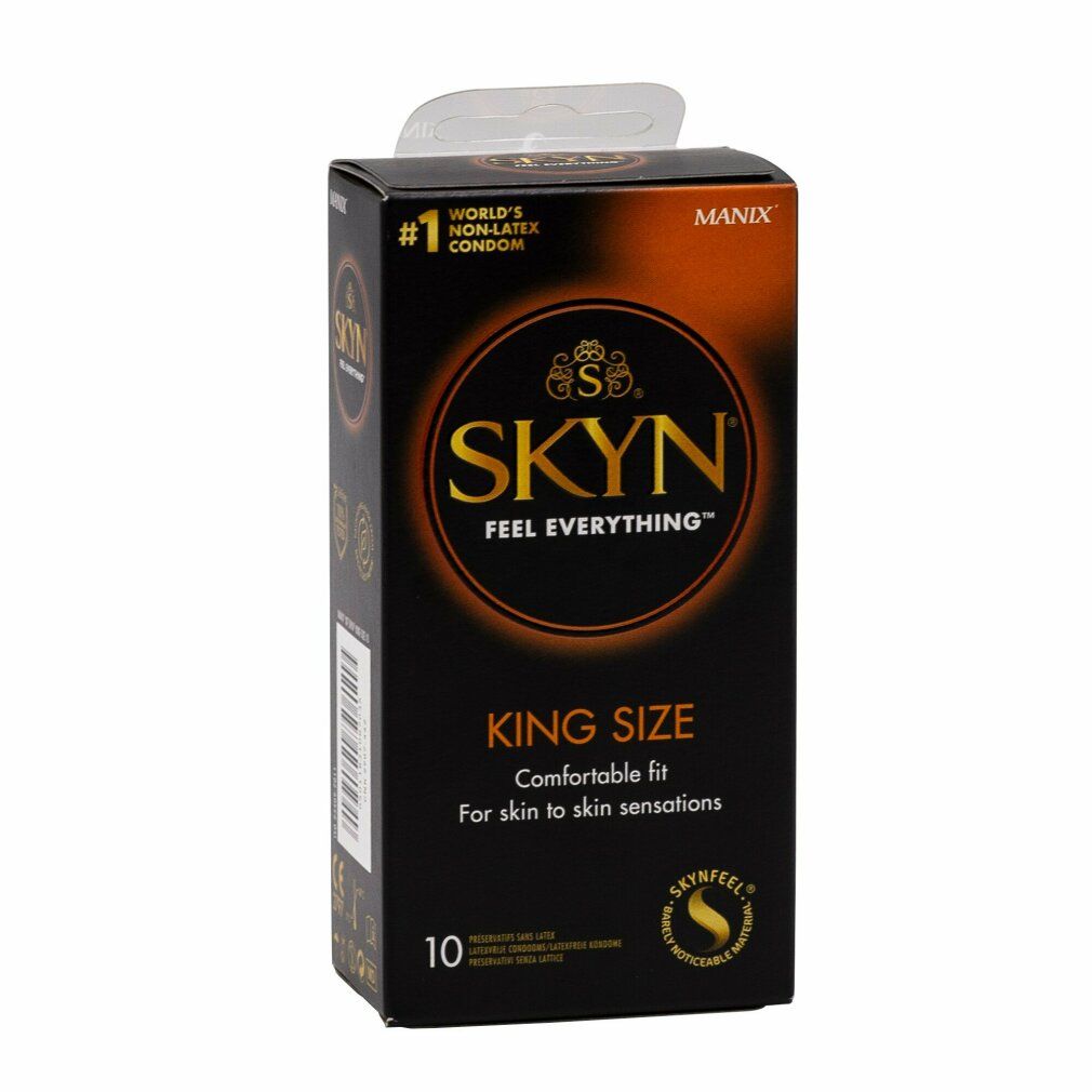 Schwarze Schachtel mit Kondomen. Aufschrift: SKYN, KING SIZE, 10 Stück. Mit Logo und Text: World's Non-Latex Condom.