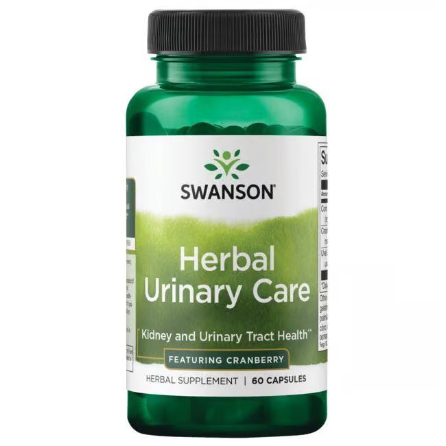 Grüne Flasche mit schwarzem Deckel. Etikett mit "SWANSON Herbal Urinary Care" und Cranberry-Hinweis. 60 Kapseln.