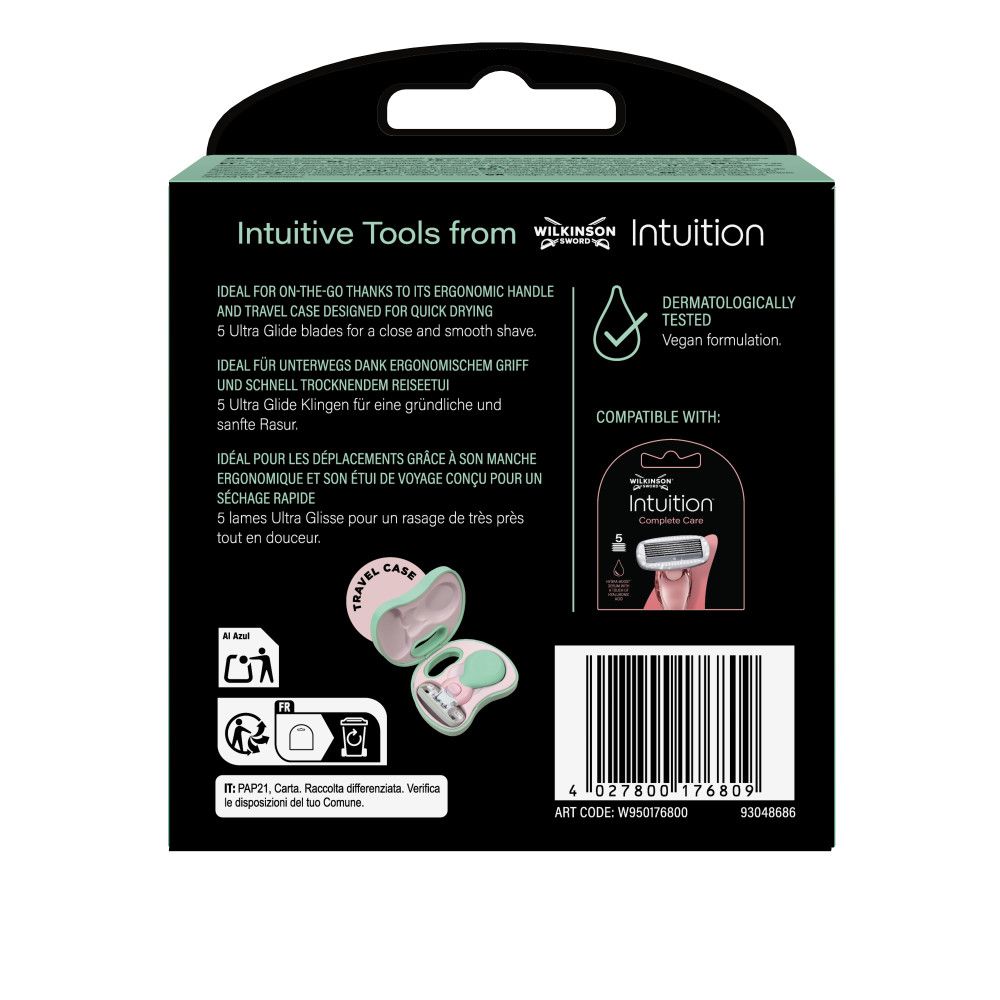 Rückseite einer Wilkinson Intuition Rasierklingenverpackung mit Produktinformationen und Barcode.