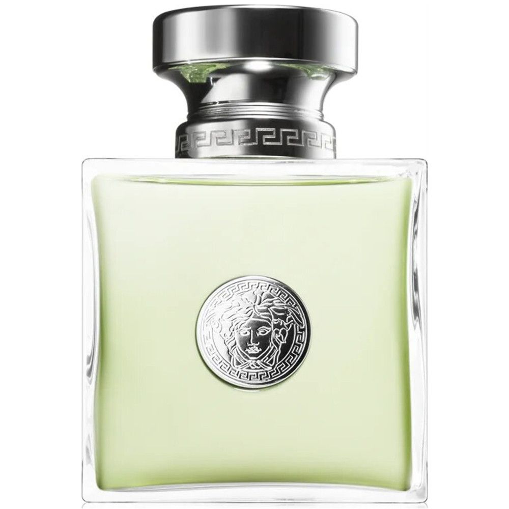 Versace Versense Eau de Toilette. Quadratischer Flakon mit silbernem Verschluss und Medusa-Logo.