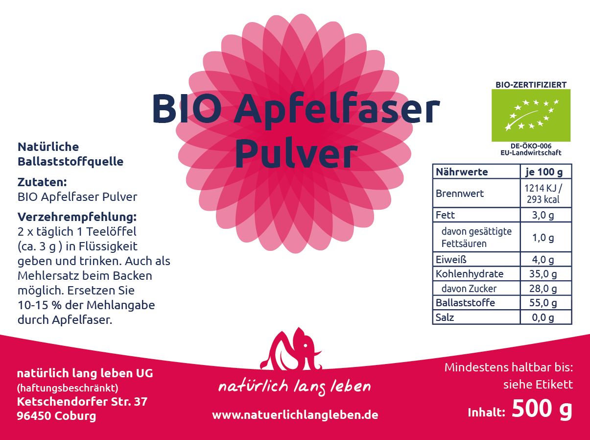 natürlich lang leben Apfelfaser Pulver 500 g