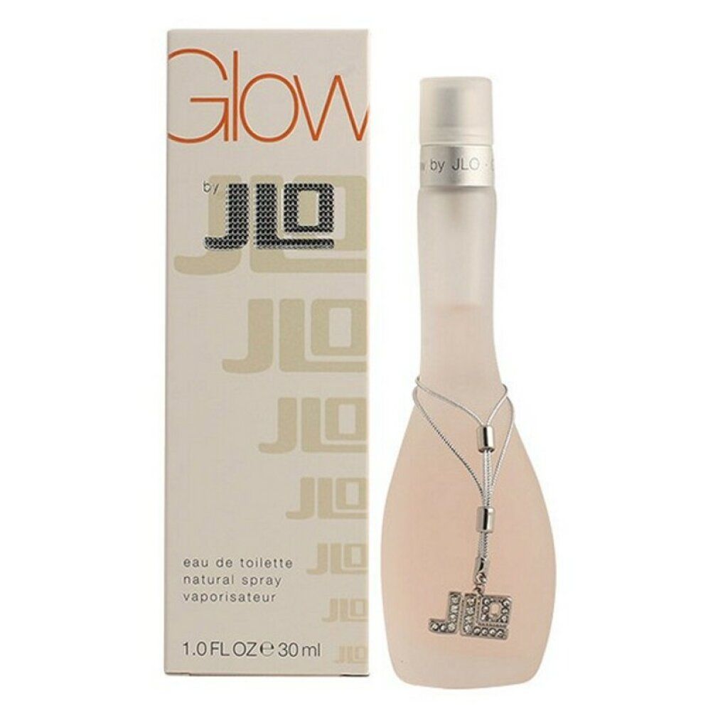 Parfümflakon und Verpackung. Aufschrift "Glow by JLo". Flakon mit silberner Kette. Verpackung mit Produktnamen.