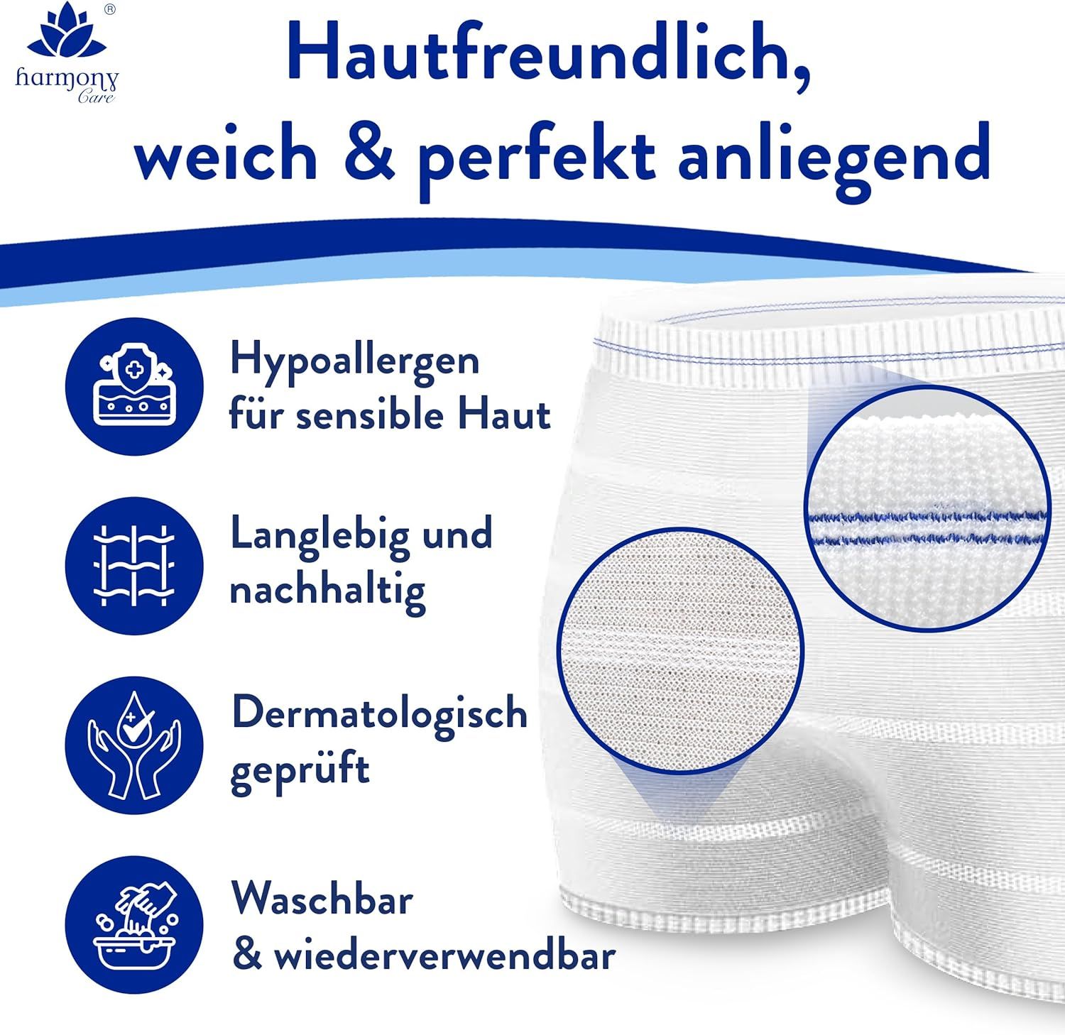 Hautfreundliche Fixierhose: hypoallergen, langlebig, waschbar, wiederverwendbar.