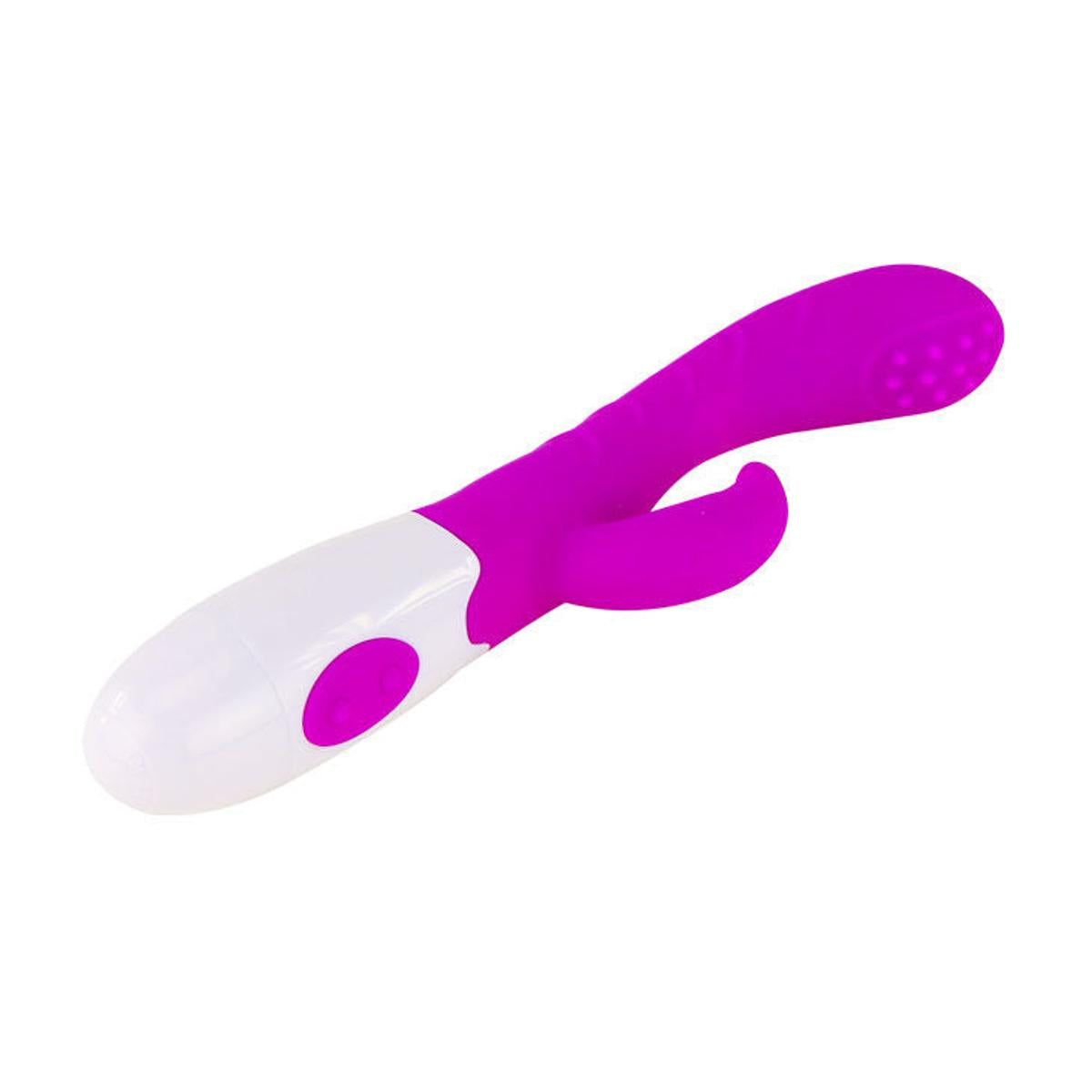 Lila-weißer Vibrator mit gebogener Form und Hasenohren. Knöpfe am Griff. Noppen am Kopf.