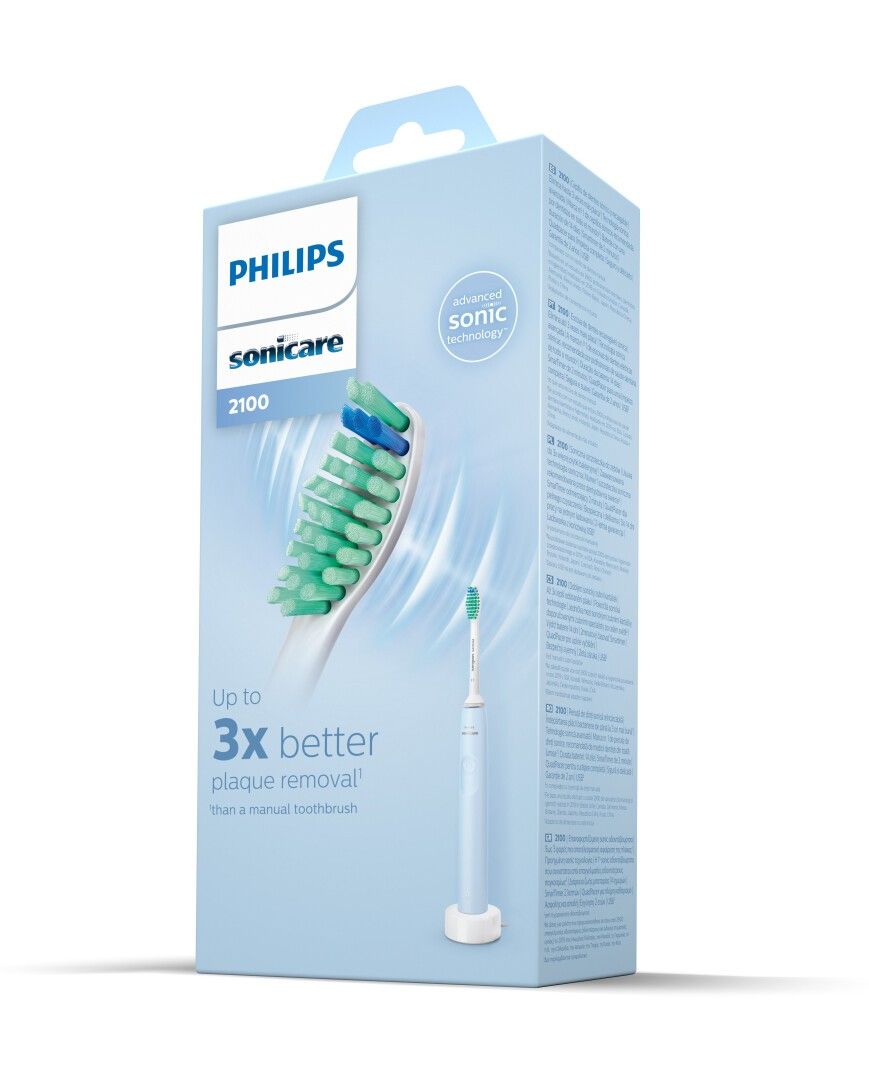 Verpackung der Philips Sonicare 2100 Zahnbürste. Produktabbildung und Text: 'Up to 3x better plaque removal'.