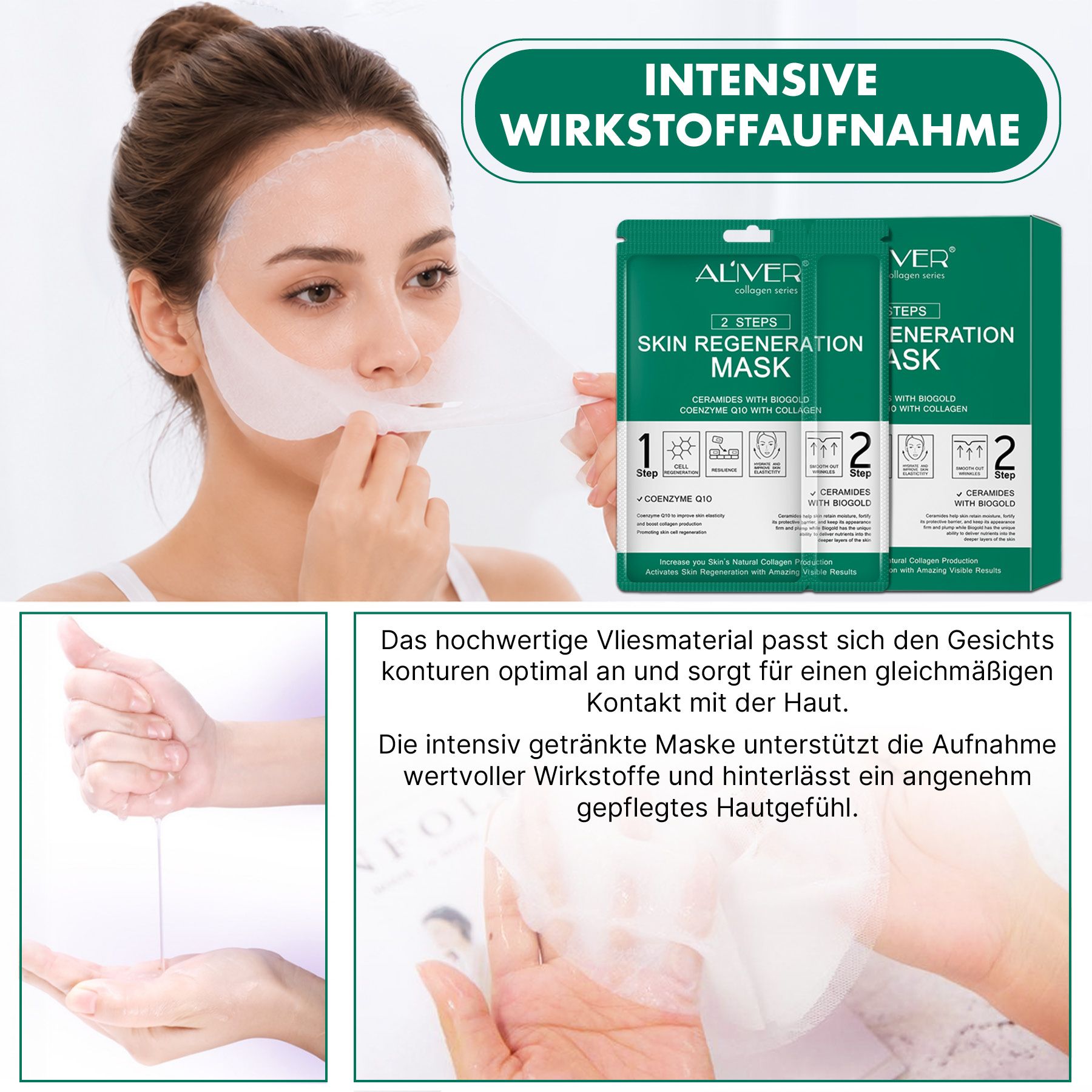 Frau trägt ALIVER Skin Regeneration Maske auf; Detailaufnahmen von Maske und Verpackung.