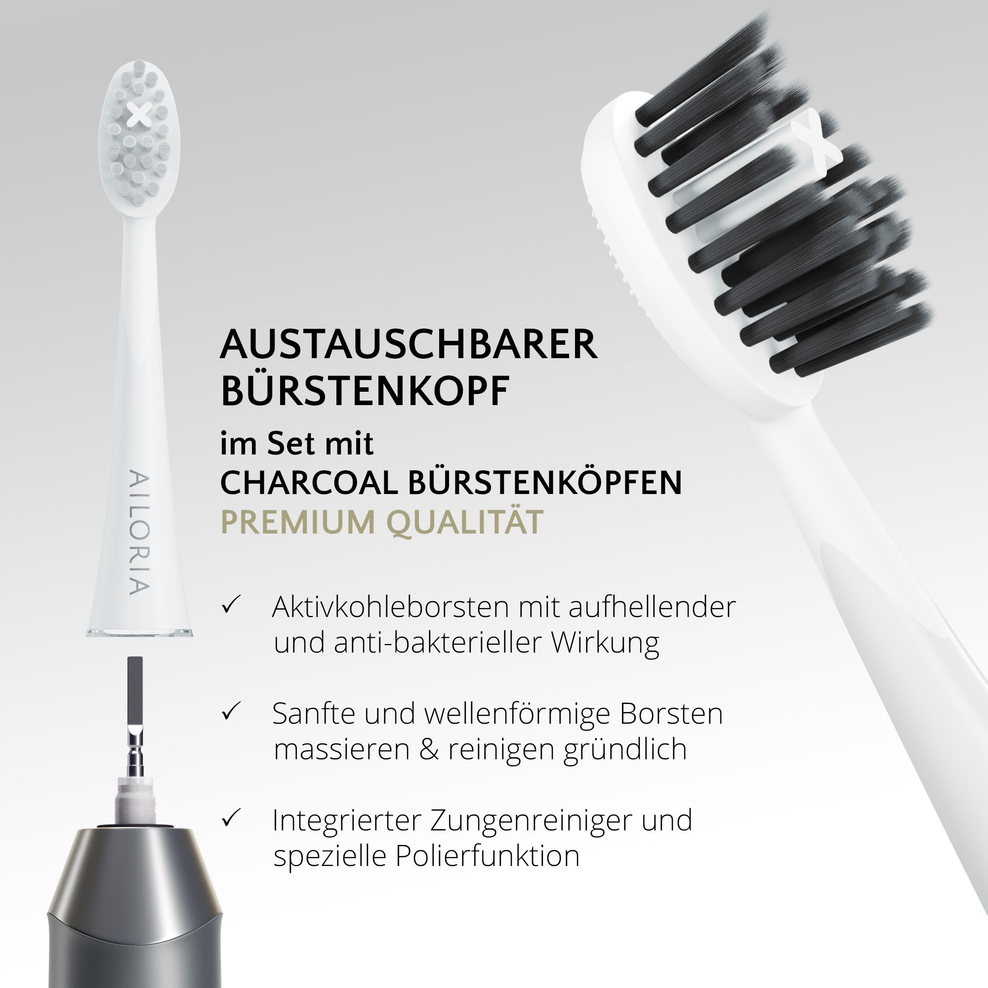 Nahaufnahme eines austauschbaren Bürstenkopfes mit Aktivkohleborsten. AILORIA-Logo. Text: Premium Qualität.