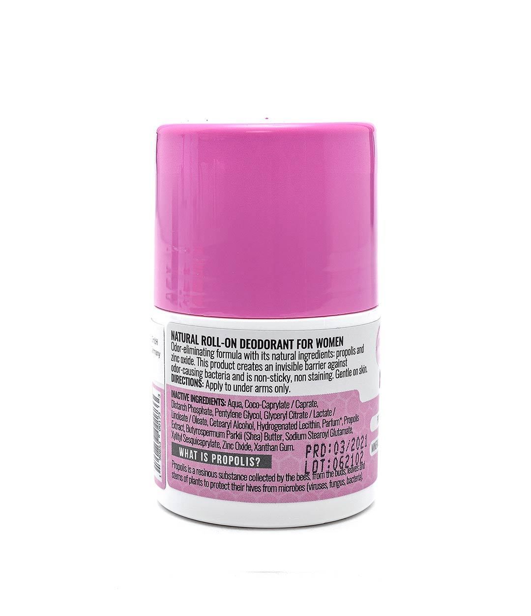 Roll-on-Deo für Frauen. Rückansicht. Weißer Behälter, rosa Deckel. Text: NATURAL ROLL-ON DEODORANT FOR WOMEN, Inhaltsstoffe, Propolis.