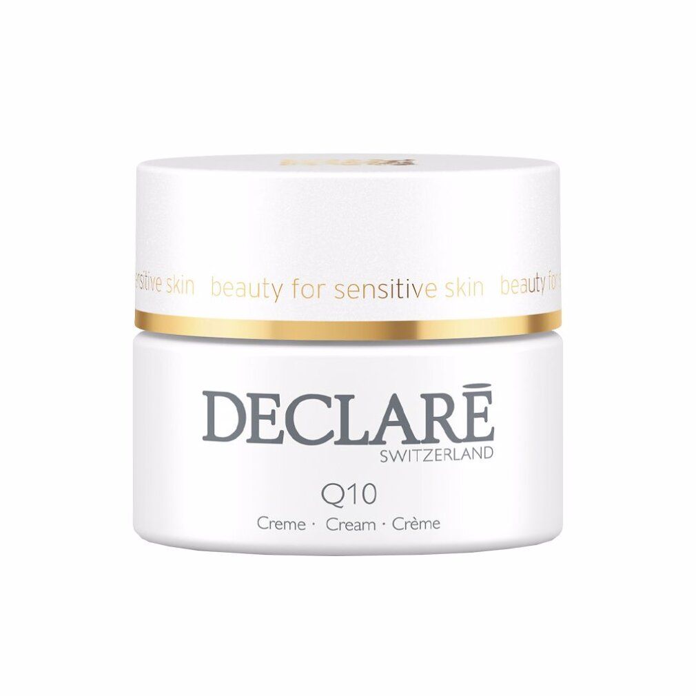 Weißes Creme-Glas mit goldfarbenem Deckel. DECLARÉ-Logo, Q10-Schriftzug und Creme-Bezeichnungen in Englisch, Deutsch und Französisch.