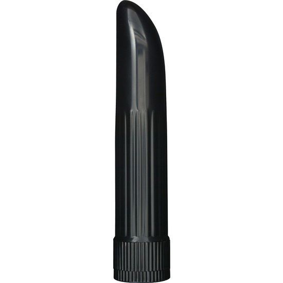 Schwarz Minivibrator. Zylindrische Form mit geriffelter Oberfläche. Abgerundete Spitze und geriffelter Sockel.