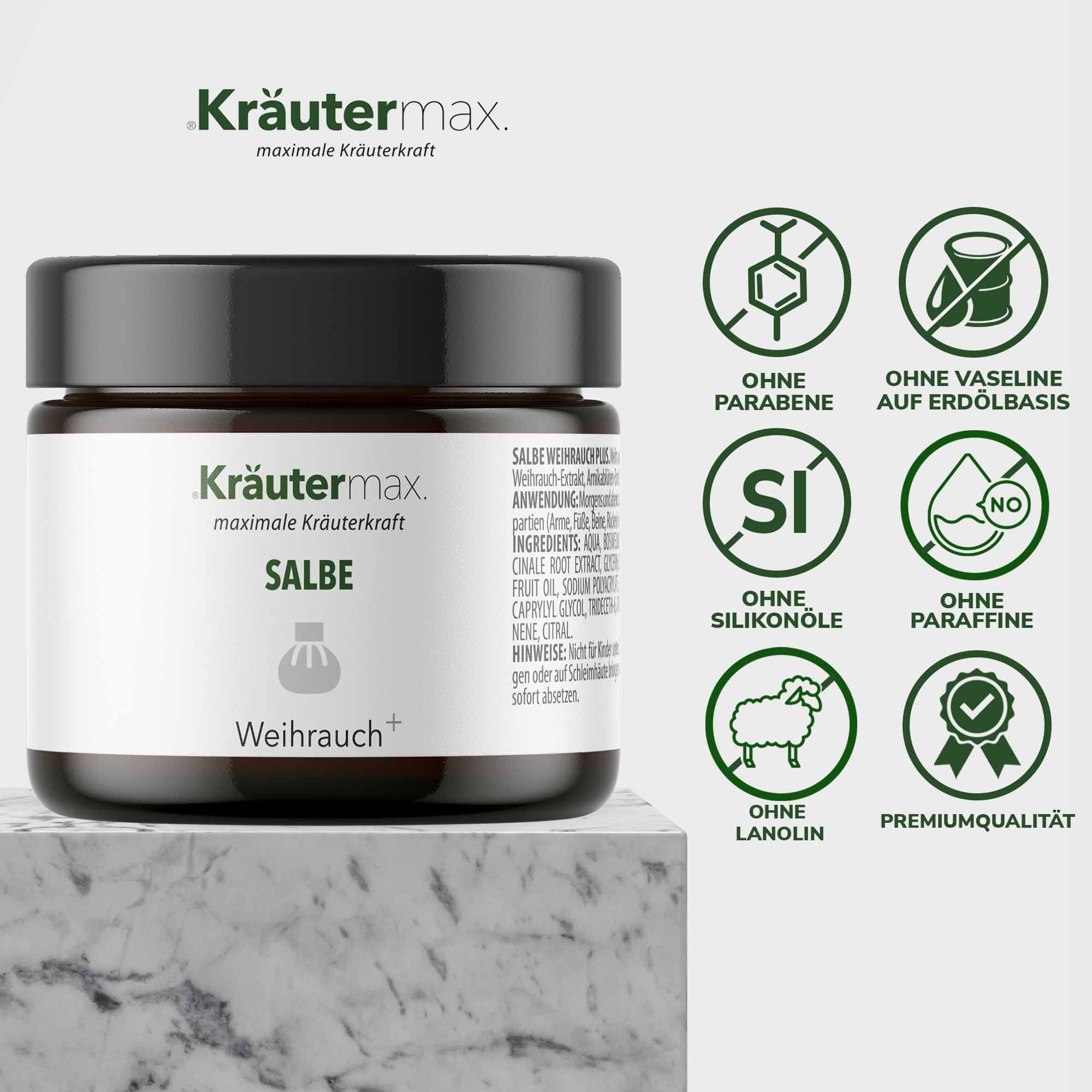 Braune Glasdose mit schwarzem Deckel. Aufschrift: Kräutermax Salbe. Symbole: Ohne Parabene, Vaseline, Silikone, Paraffine, Lanolin. Premiumqualität.