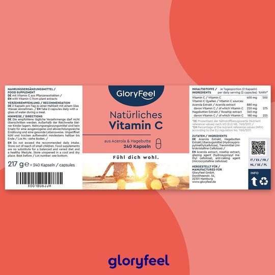Verpackung von Gloryfeel Natürliches Vitamin C Kapseln. Rosa Etikett mit Produktinformationen und Text: Natürliches Vitamin C, 240 Kapseln.