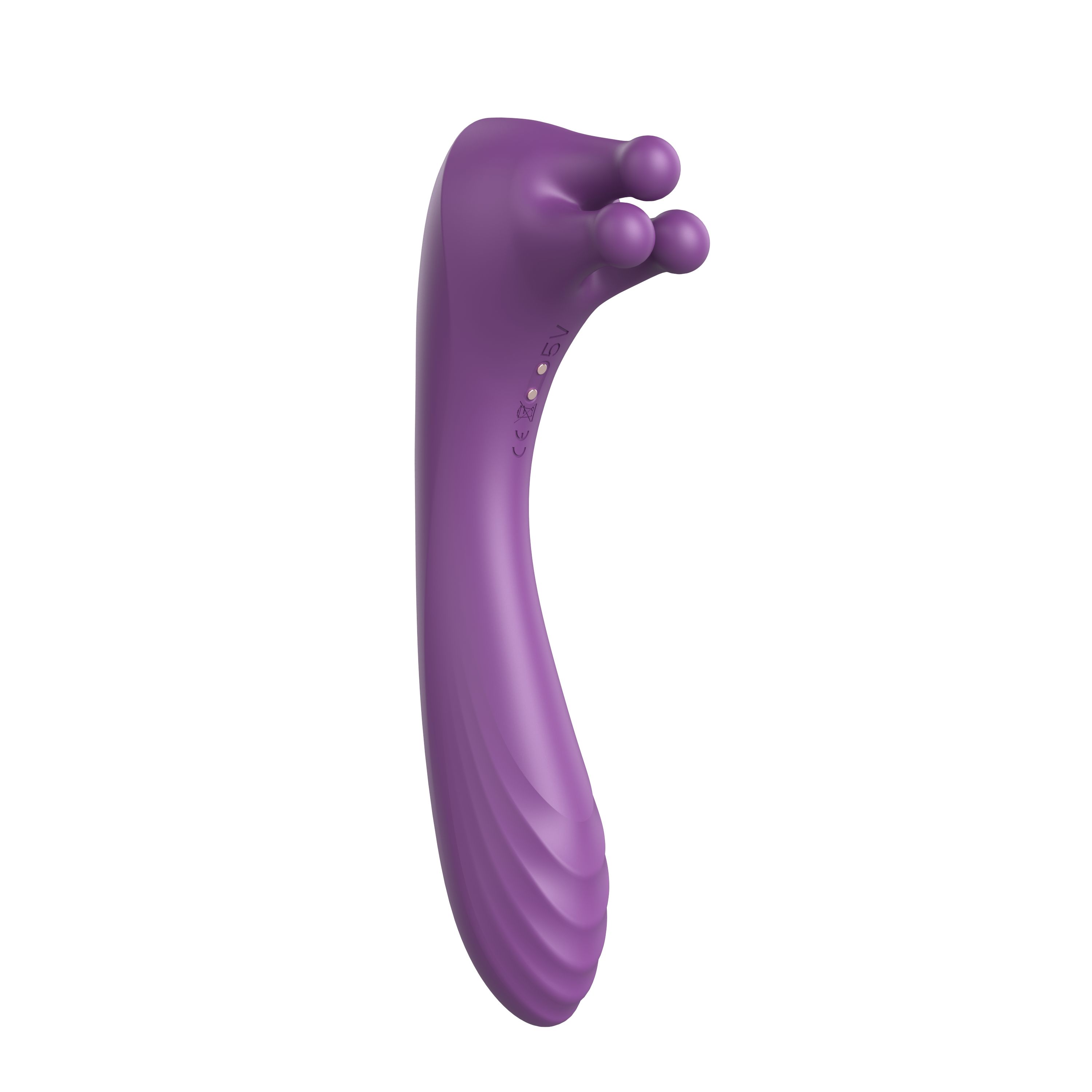 Lila Vibrator mit drei Kugeln am Kopf und geriffelter Oberfläche. Der Griff ist gebogen.