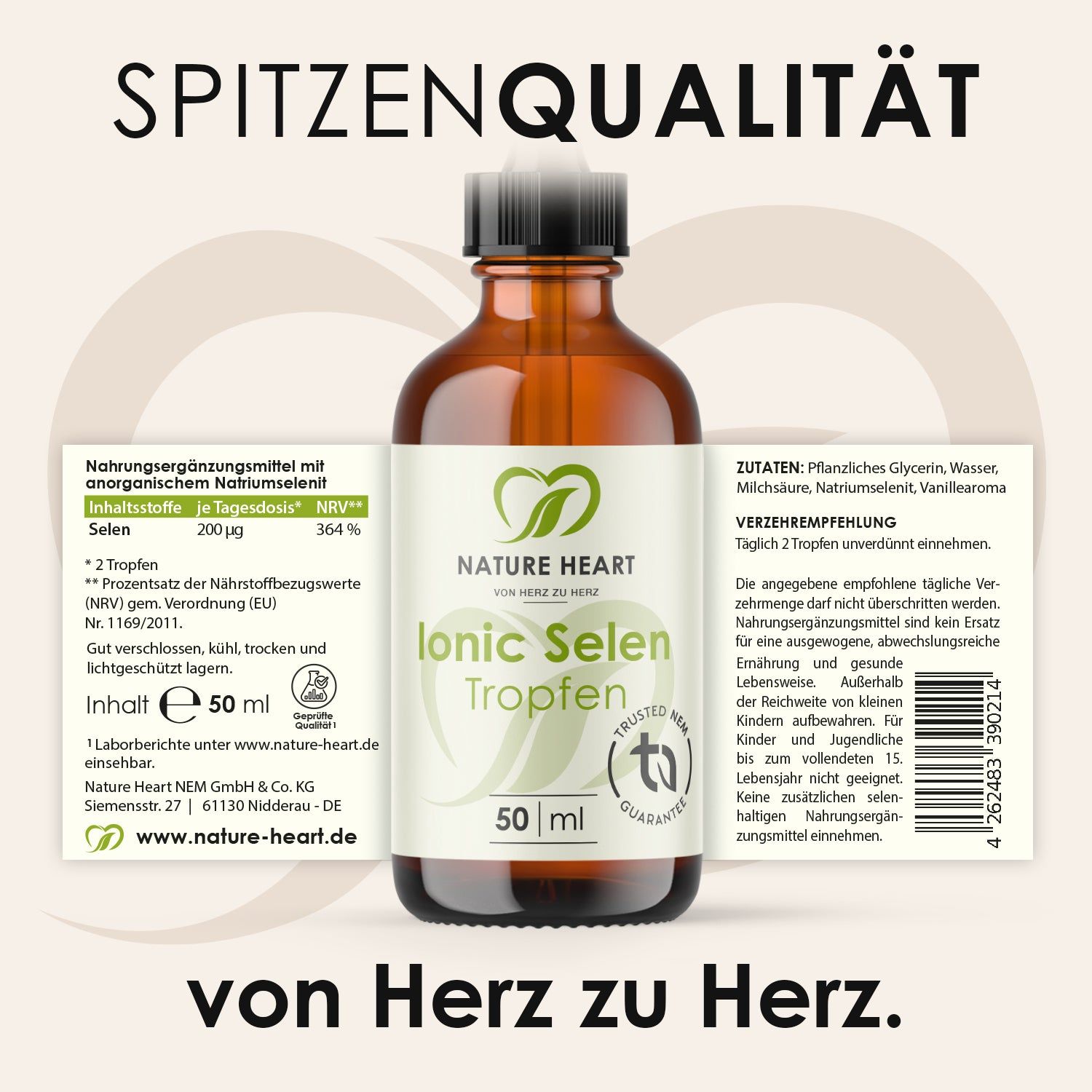 Braune Glasflasche mit Etikett. Text: "Ionic Selen Tropfen", "50 ml", Inhaltsstoffe, Dosierung, Logo, Zertifizierungen.