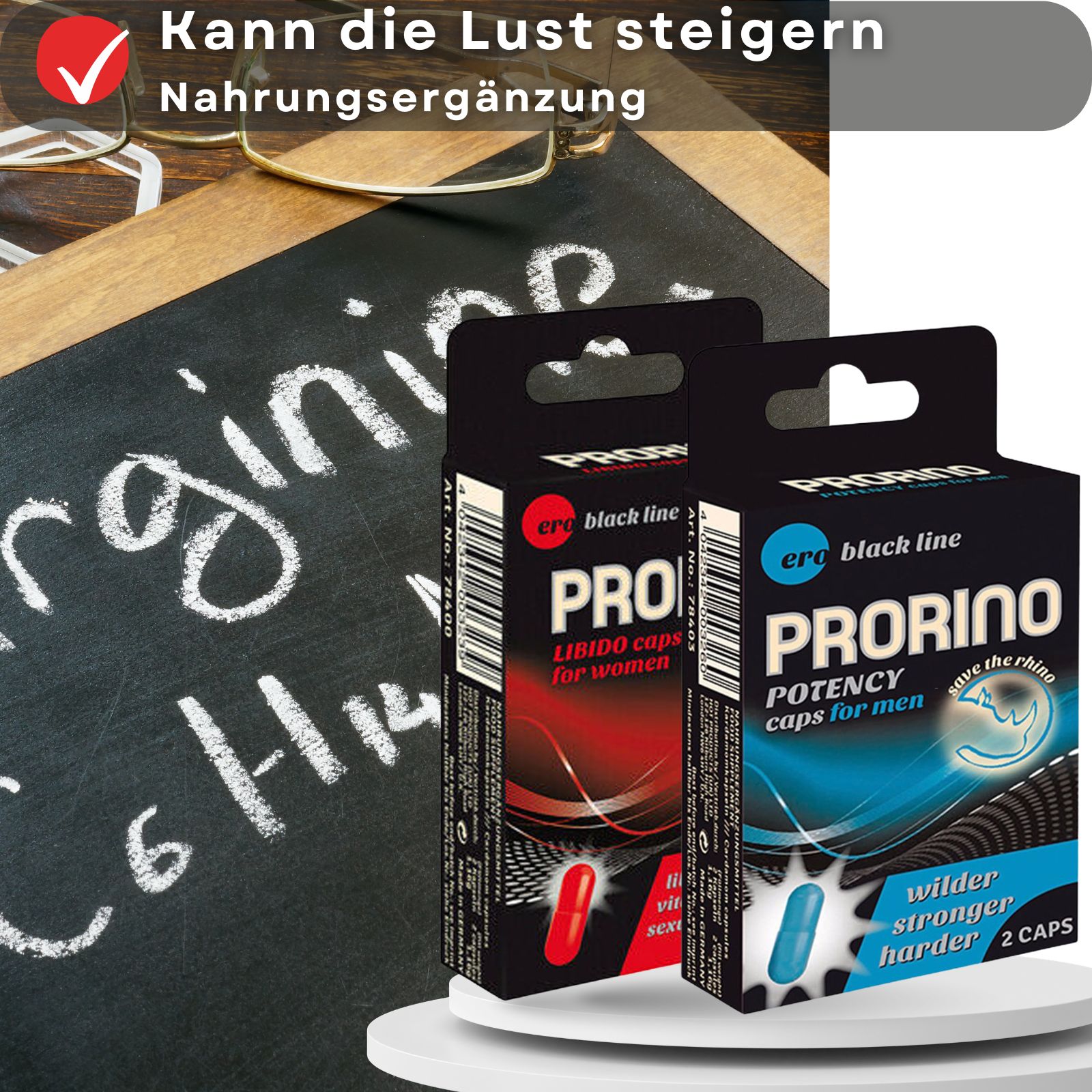 Zwei Schachteln Prorino. Text: Kann die Lust steigern. Hintergrund: Tafel mit Text.