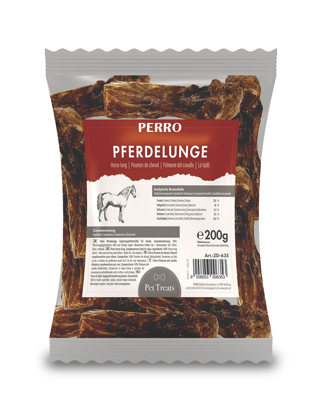 Verpackung mit PERRO Pferdelunge, weicher Kausnack für Hunde. Rote Etikett mit Produktname und Inhaltsangaben. 200g Packung.