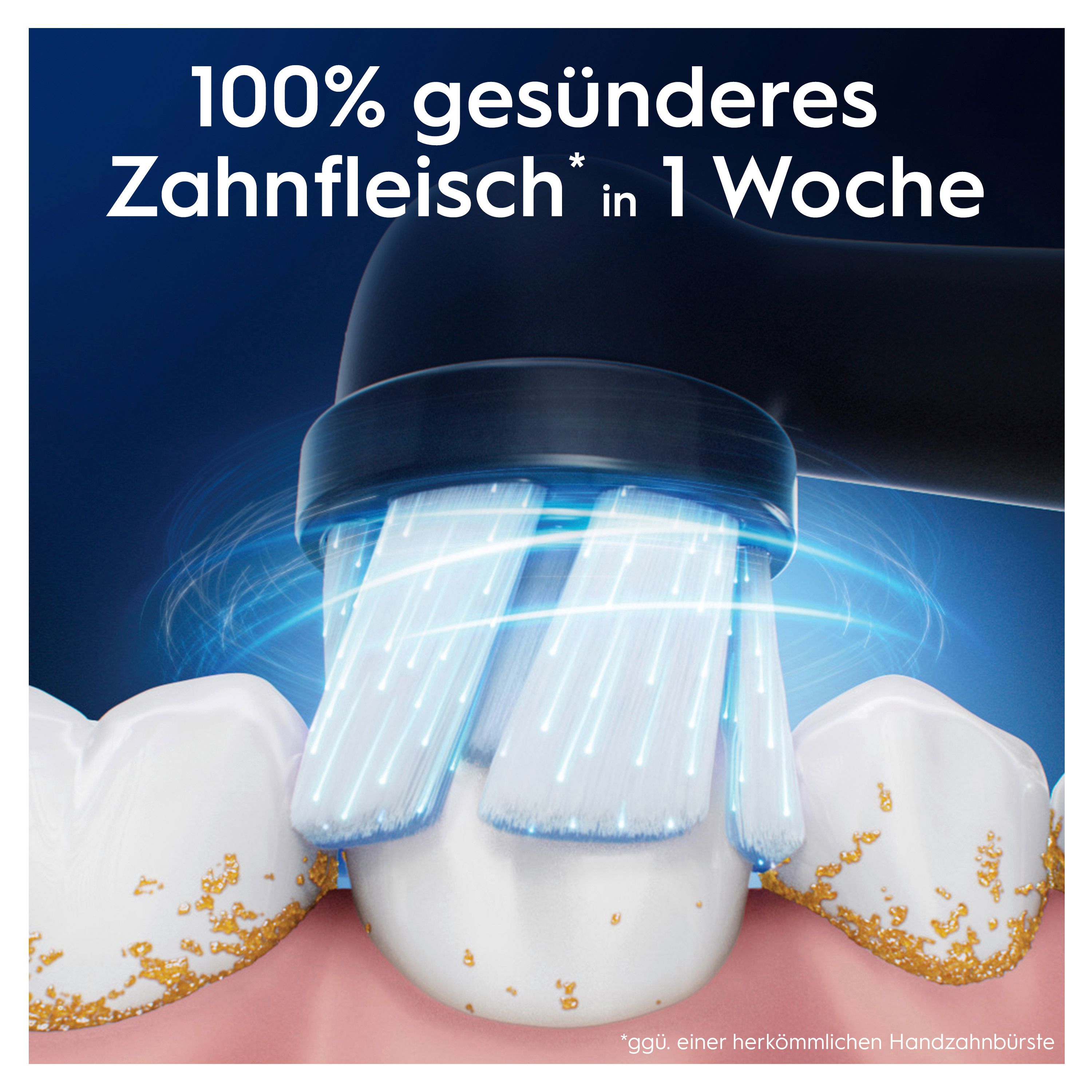 Nahaufnahme einer schwarzen Zahnbürste mit weißen Borsten, die Zähne reinigt. Text: "100% gesünderes Zahnfleisch* in 1 Woche".