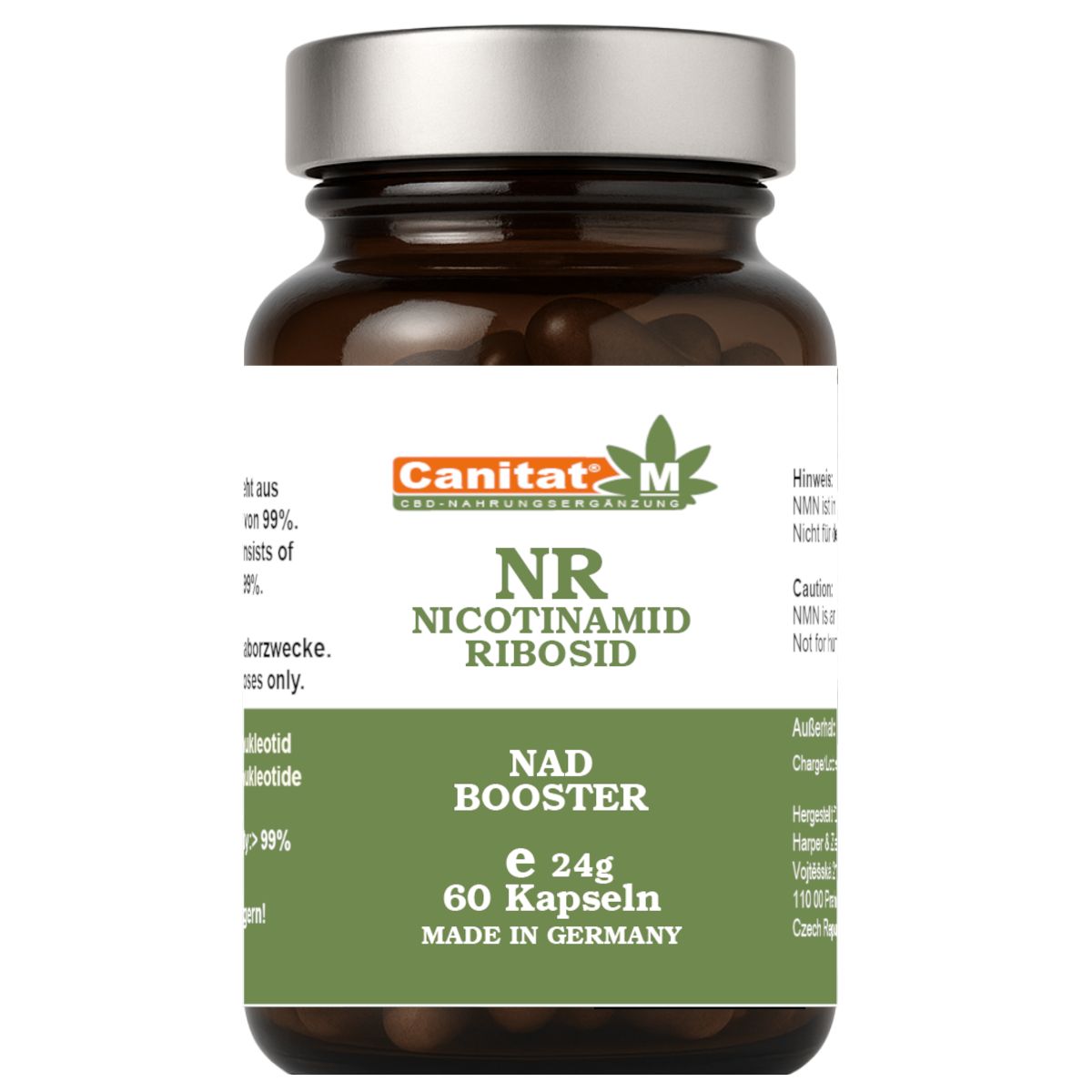 Braune Glasflasche mit Kapseln. Etikett mit Produktinformationen. Text: NR, Nicotinamid Ribosid, NAD BOOSTER, 60 Kapseln.